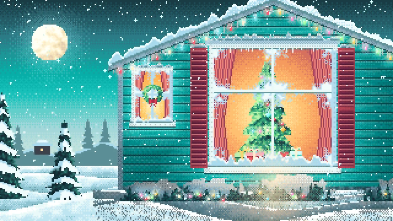 Turquoise Pixel Art Christmas Tree Through a Frosted Window desktop wallpaper in 4K