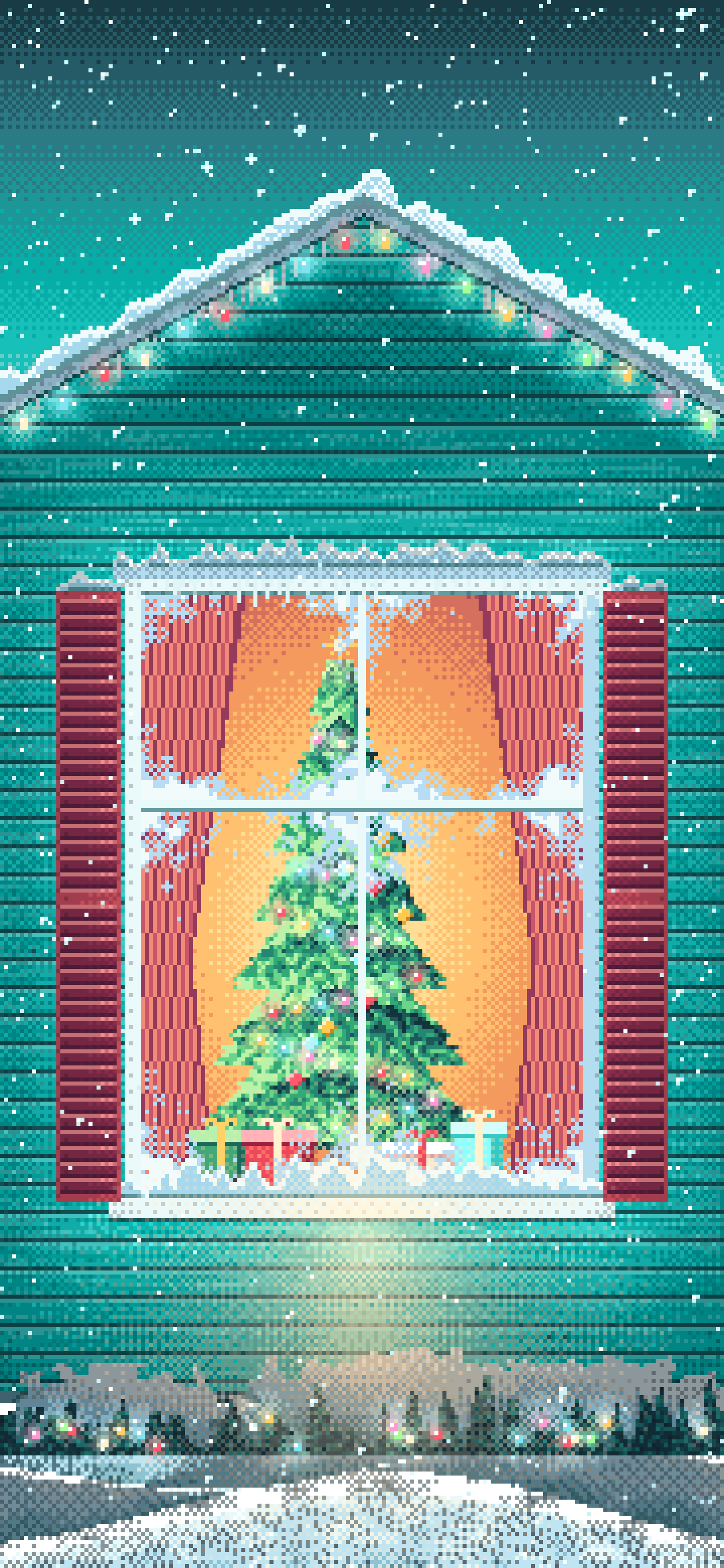 Turquoise Pixel Art Christmas Tree Through a Frosted Window wallpaper for iPhone and Android