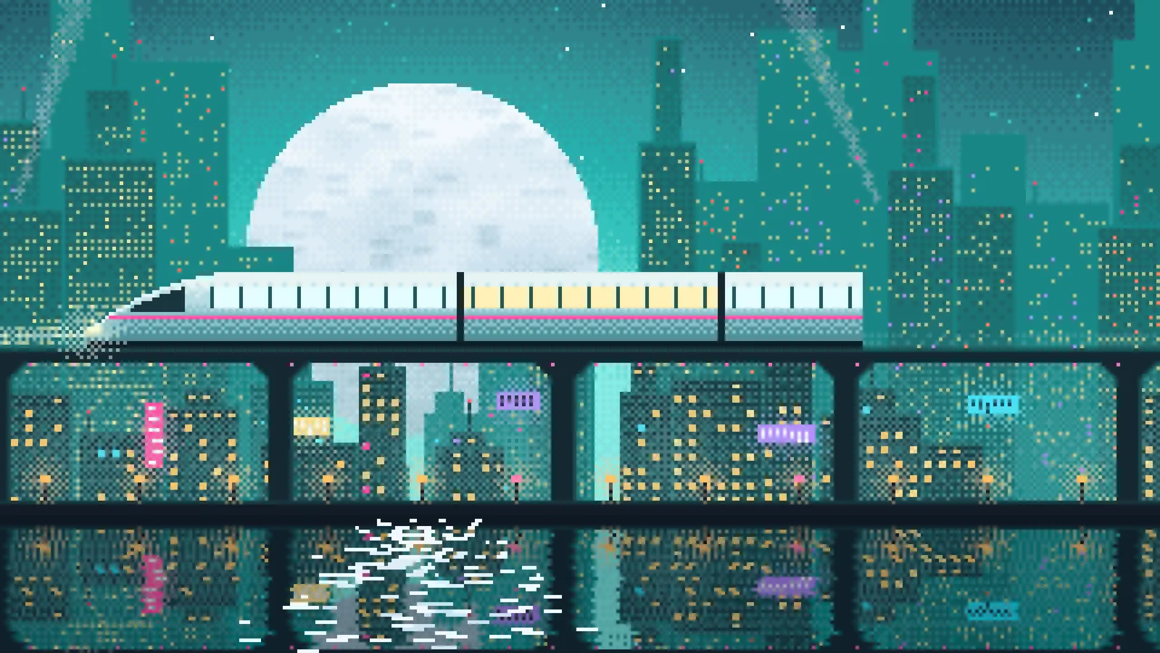 Turquoise Pixel Art Cyberpunk Monorail and Moon desktop wallpaper in 4K