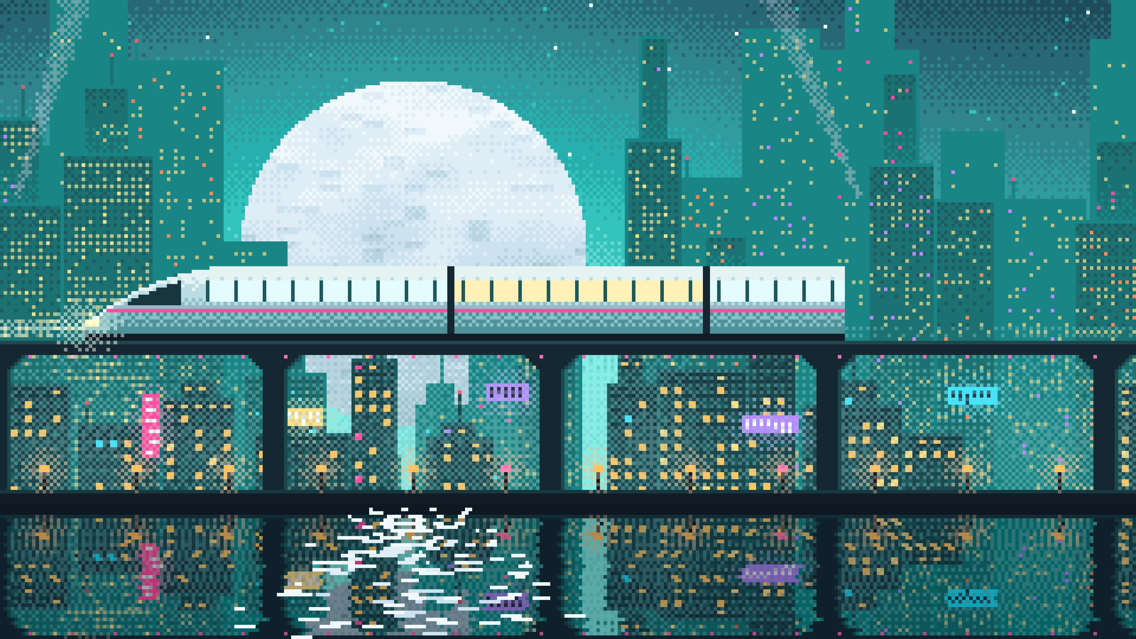 Turquoise Pixel Art Cyberpunk Monorail and Moon desktop wallpaper in 4K