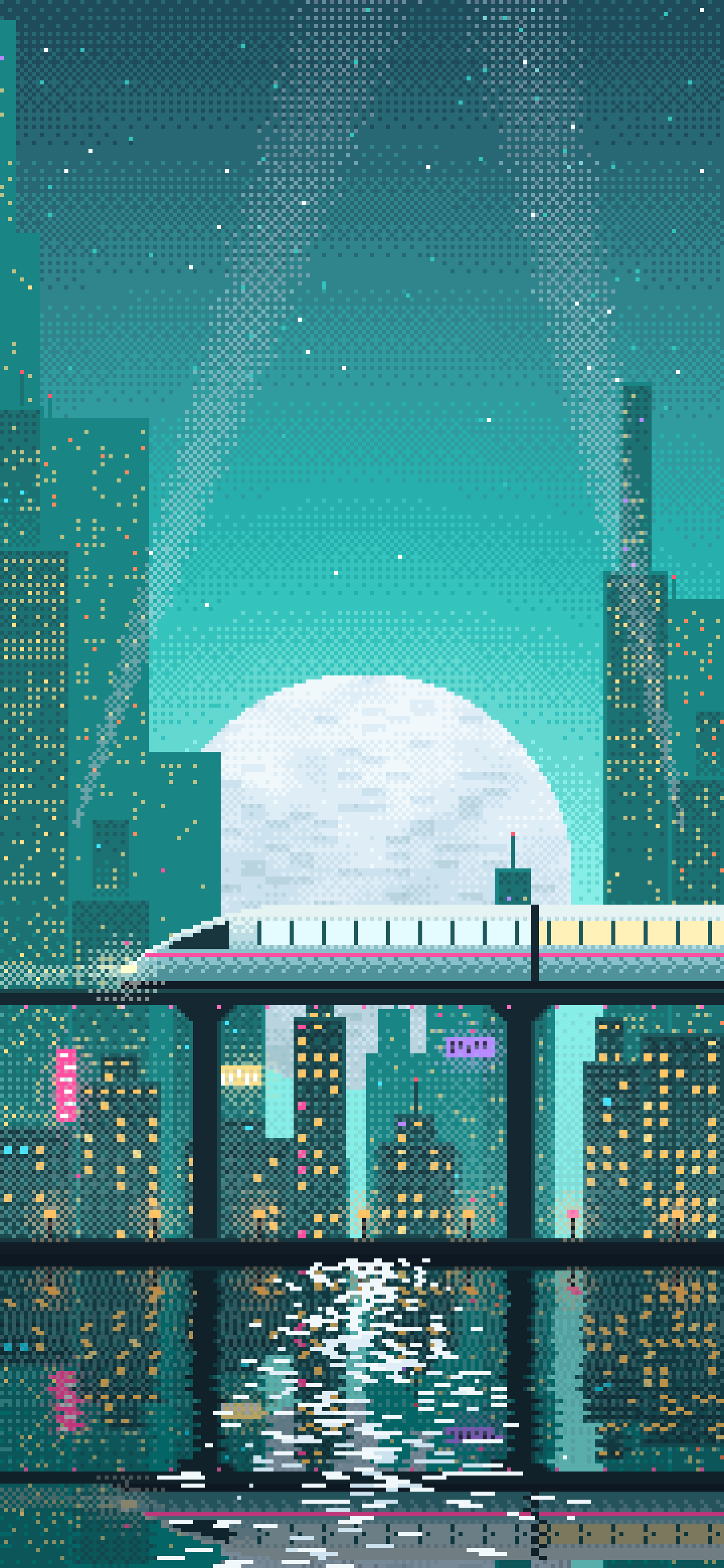 Turquoise Pixel Art Cyberpunk Monorail and Moon wallpaper for iPhone and Android