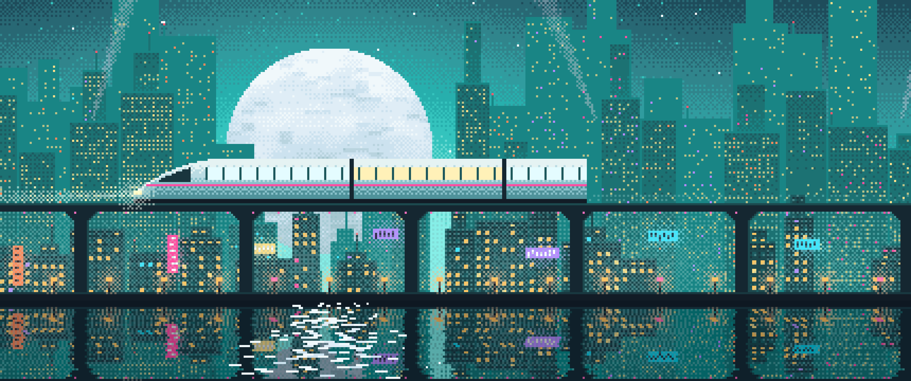 Turquoise Pixel Art Cyberpunk Monorail and Moon ultrawide wallpaper, 3440 × 1440
