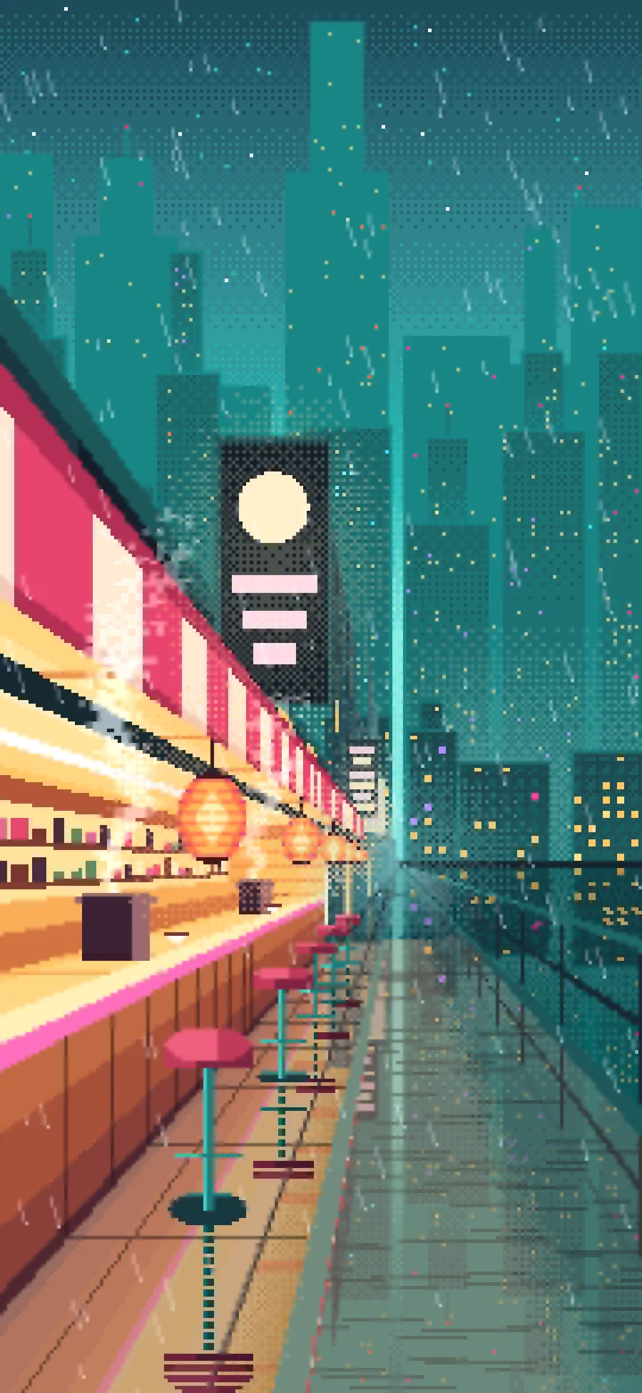 Turquoise Pixel Art Cyberpunk Noodle Bar in the Rain wallpaper for iPhone and Android