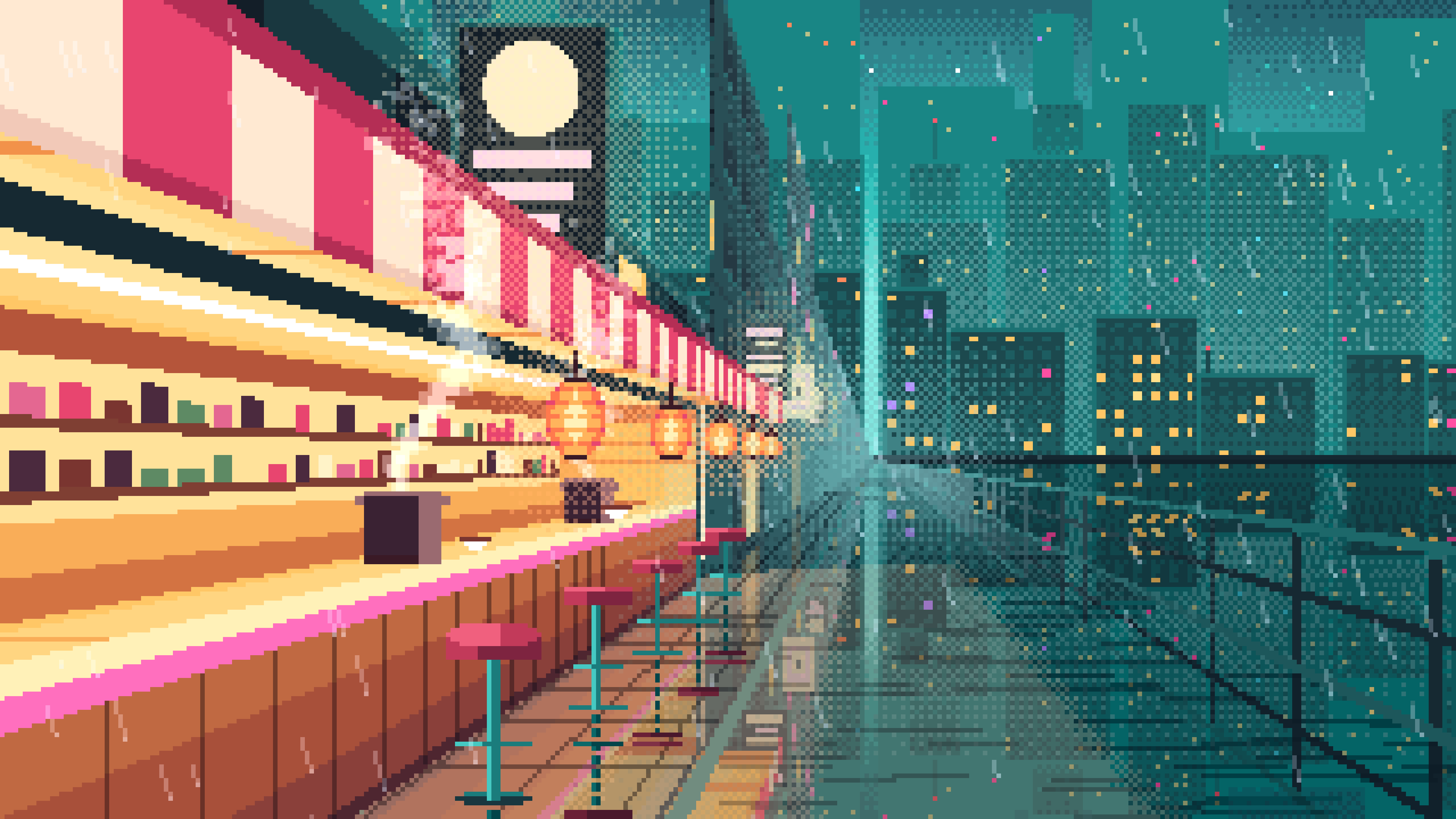 Turquoise Pixel Art Cyberpunk Noodle Bar in the Rain desktop wallpaper in 4K