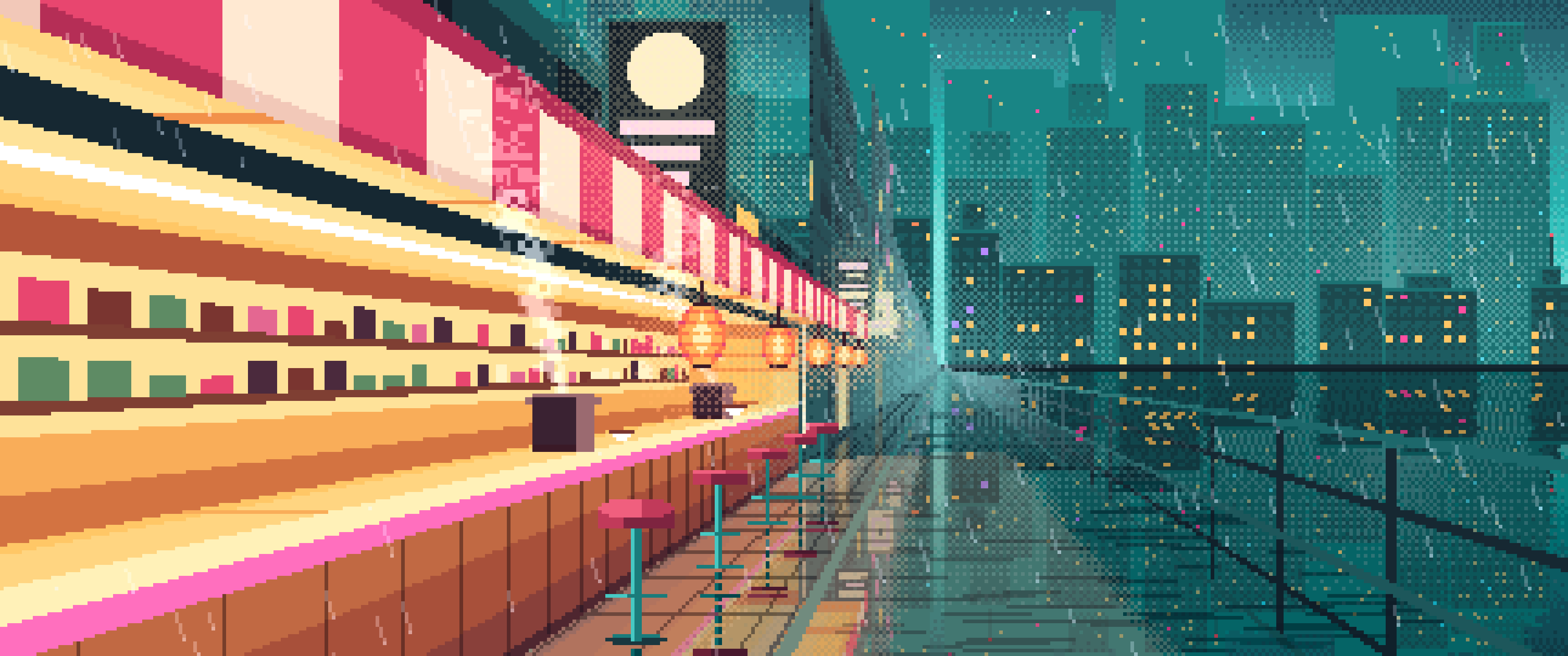 Turquoise Pixel Art Cyberpunk Noodle Bar in the Rain ultrawide wallpaper, 3440 × 1440