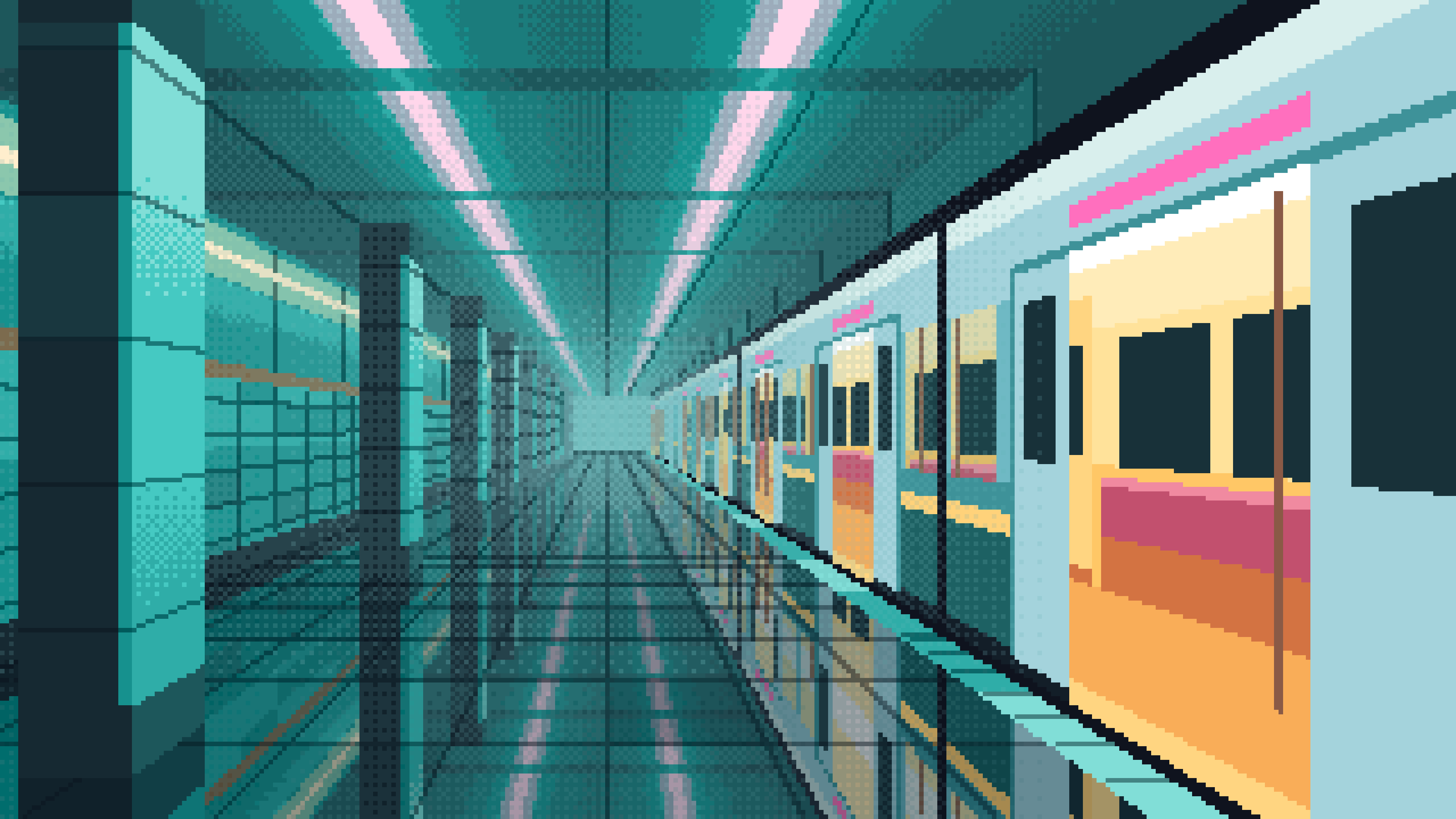 Turquoise Pixel Art Cyberpunk Subway Station at Night desktop wallpaper in 4K