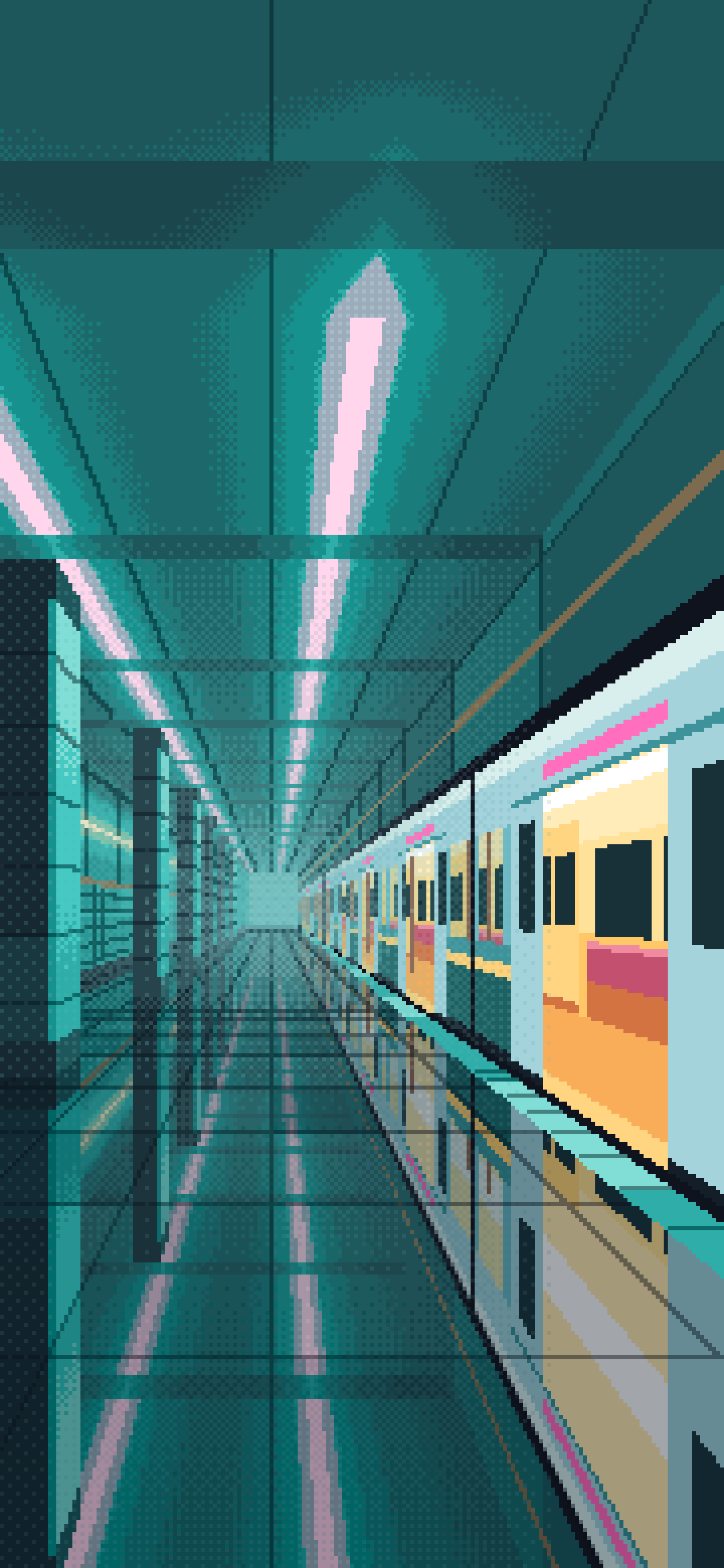 Turquoise Pixel Art Cyberpunk Subway Station at Night wallpaper for iPhone and Android