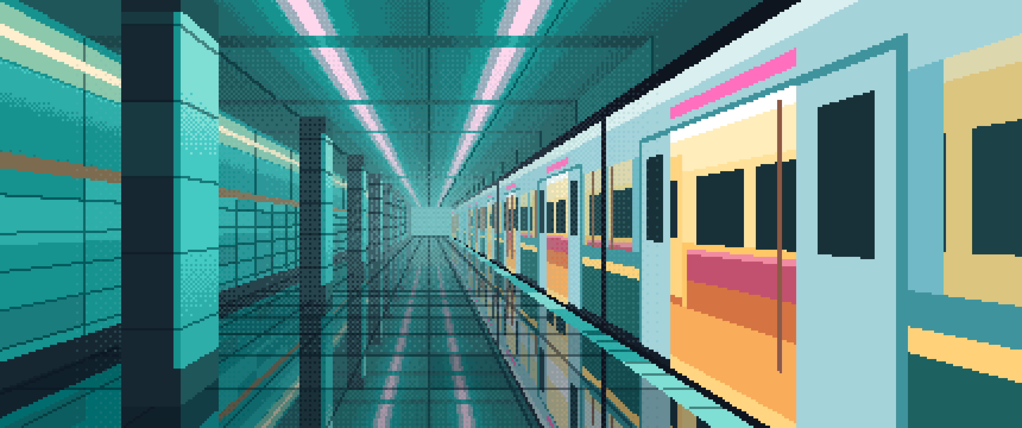 Turquoise Pixel Art Cyberpunk Subway Station at Night ultrawide wallpaper, 3440 × 1440
