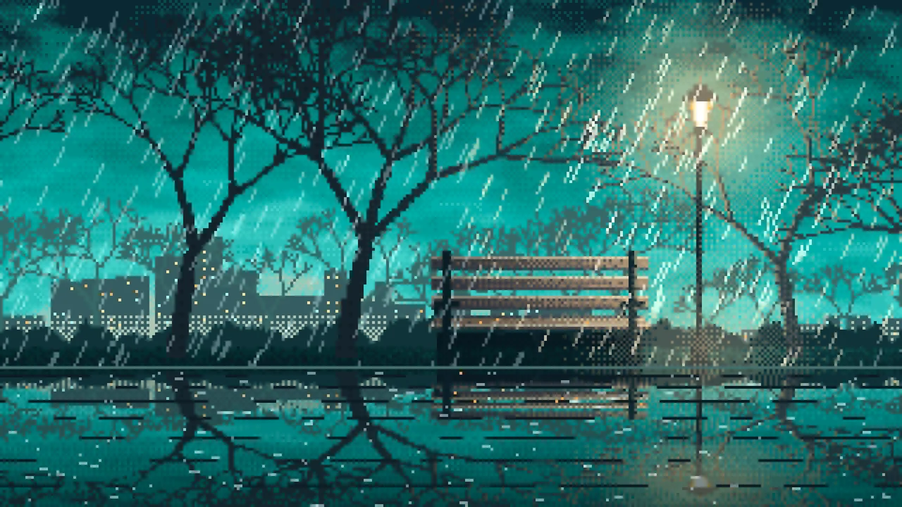 Turquoise Pixel Art Empty Bench in the Rain at Night desktop wallpaper in 4K