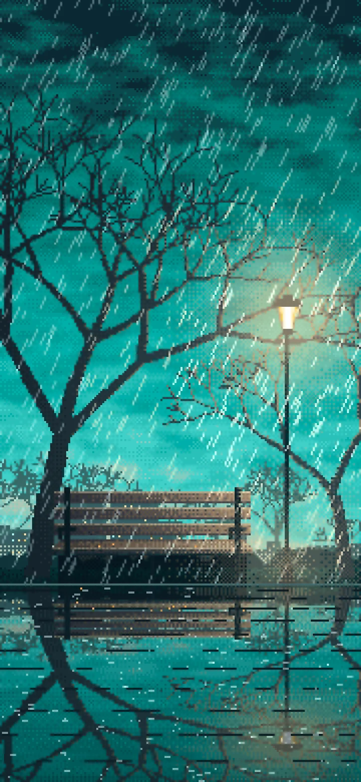 Turquoise Pixel Art Empty Bench in the Rain at Night wallpaper for iPhone and Android