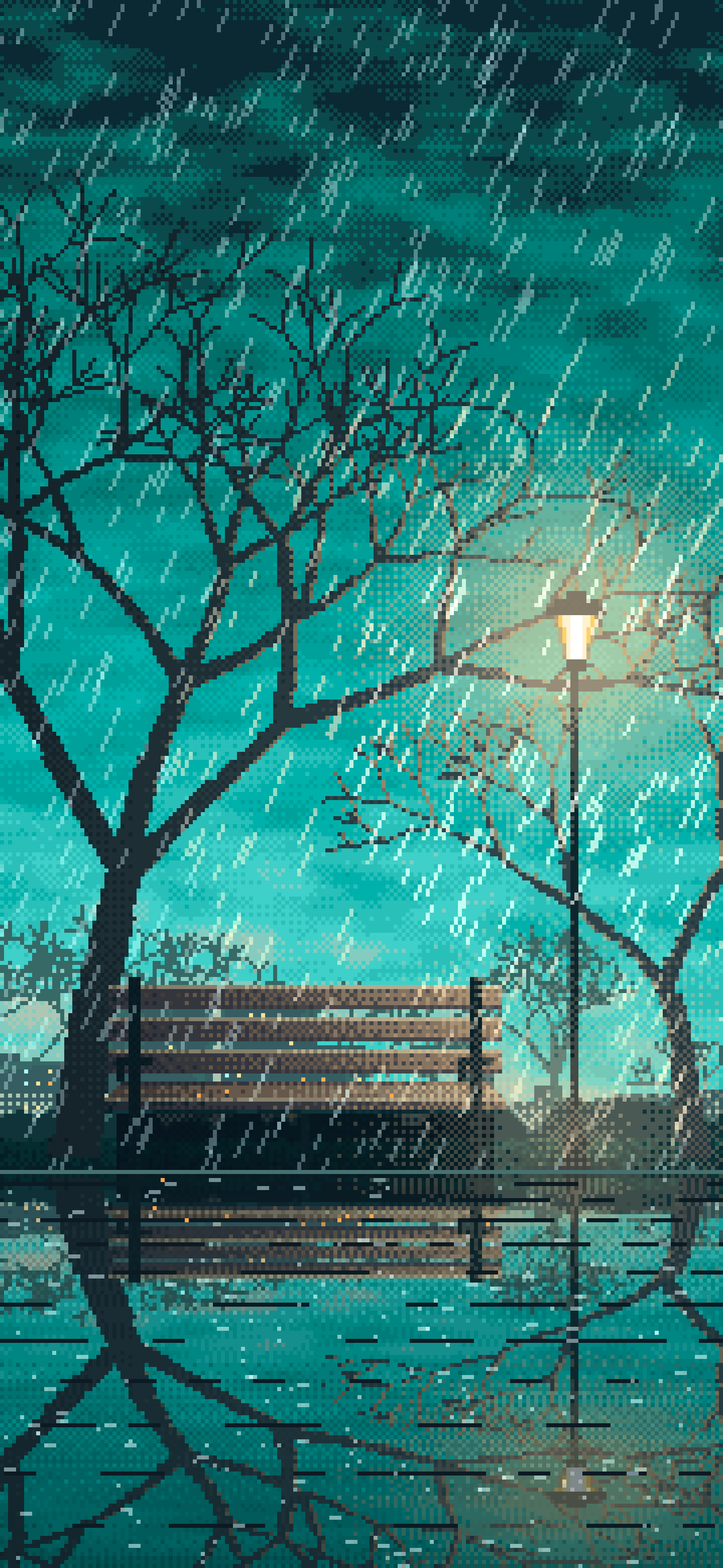 Turquoise Pixel Art Empty Bench in the Rain at Night wallpaper for iPhone and Android