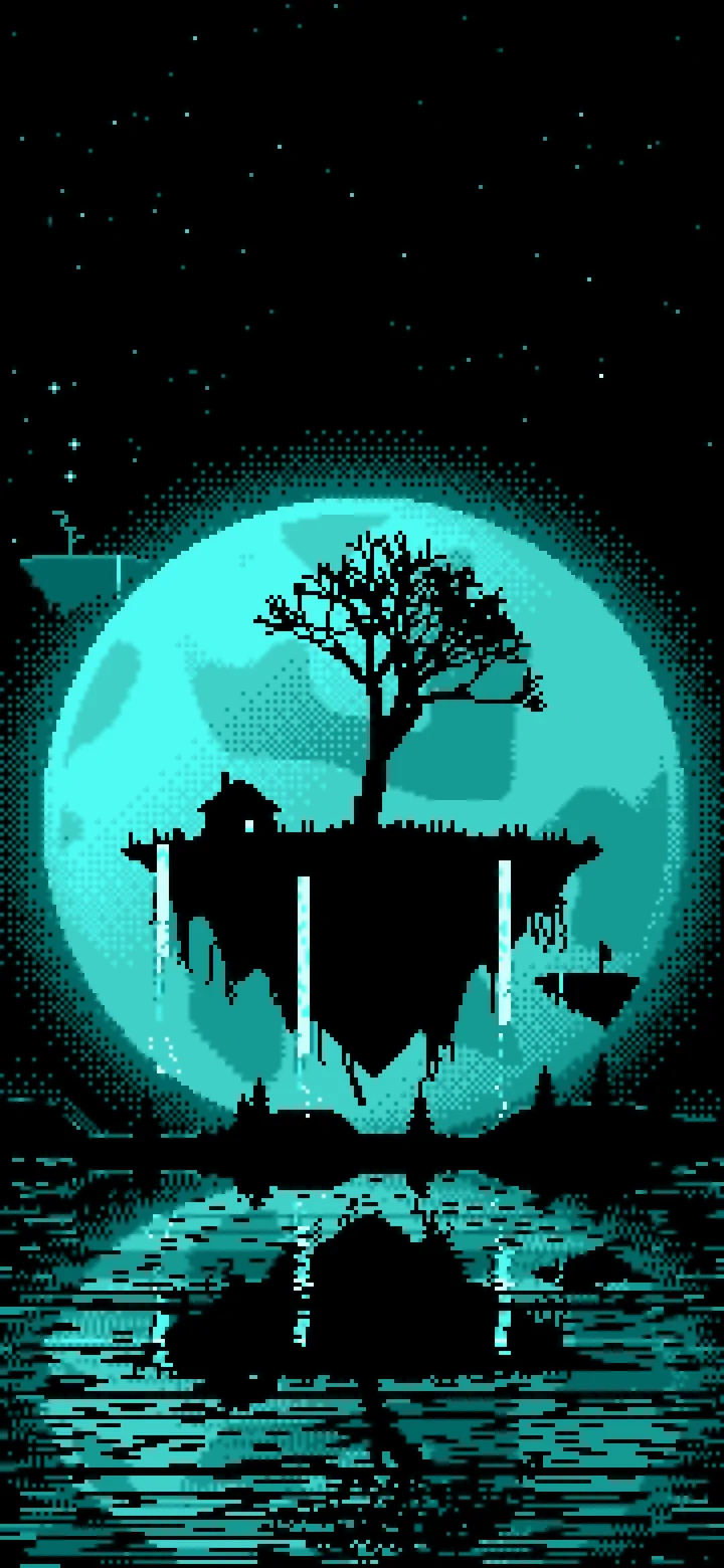 Turquoise Pixel Art Fantasy Floating Island and Full Moon wallpaper for iPhone and Android