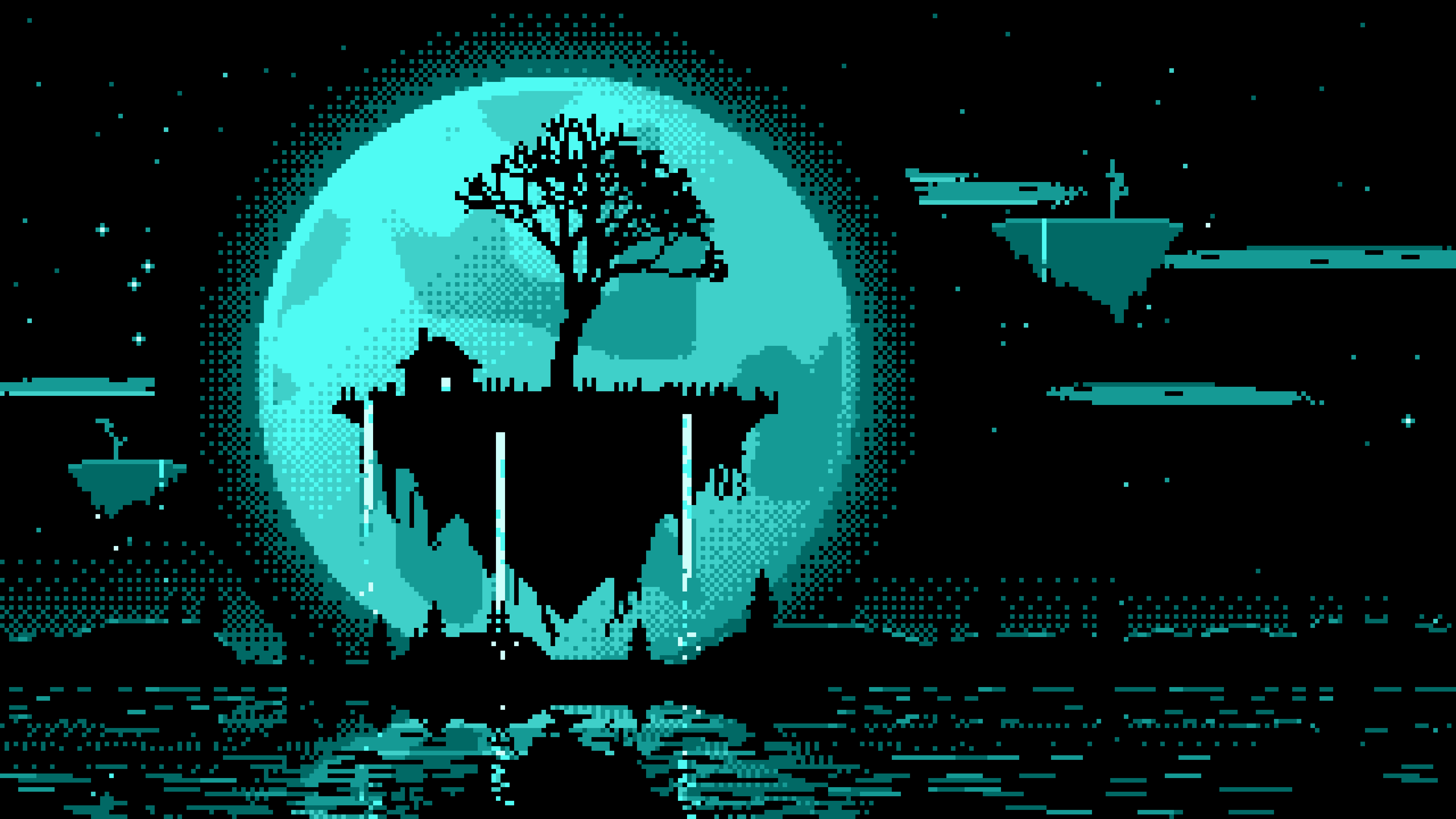 Turquoise Pixel Art Fantasy Floating Island and Full Moon desktop wallpaper in 4K