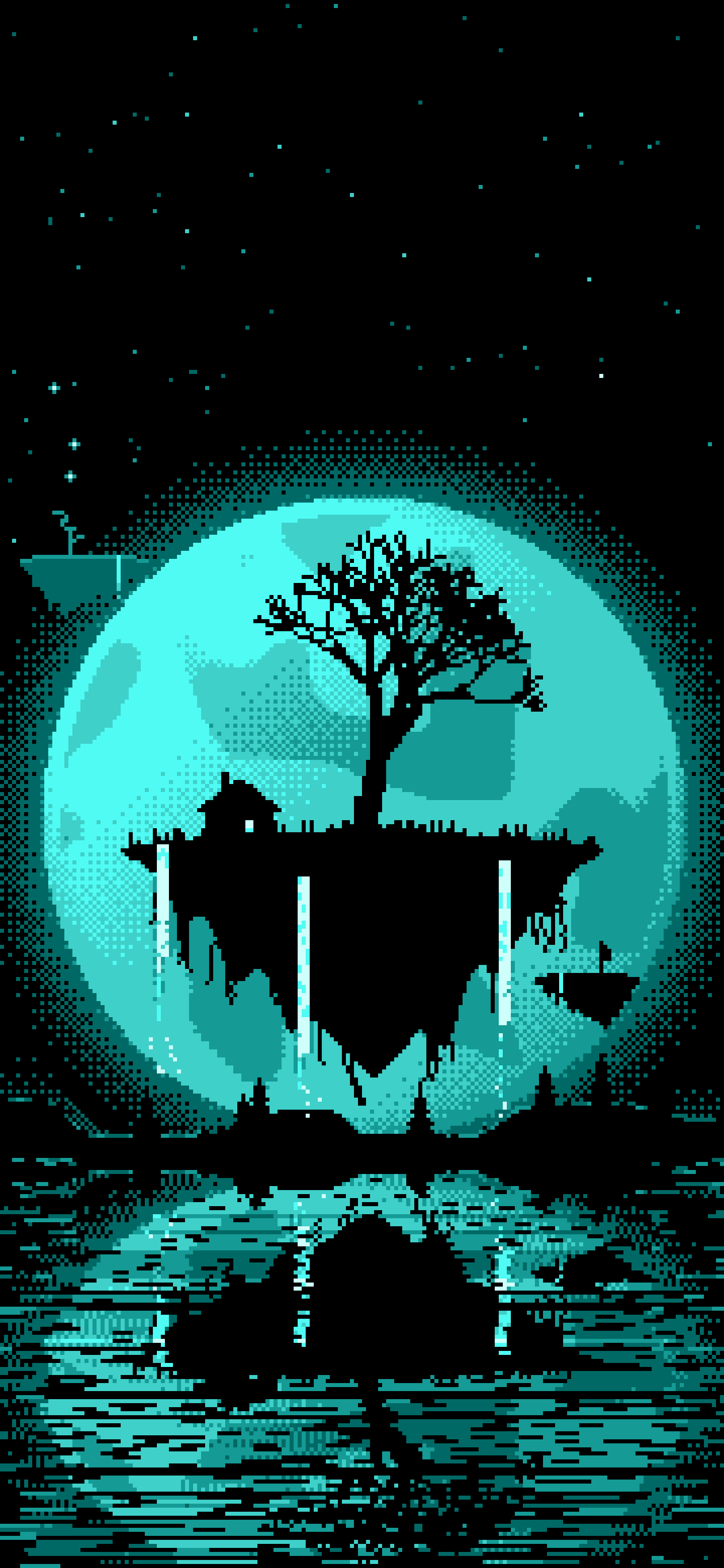 Turquoise Pixel Art Fantasy Floating Island and Full Moon wallpaper for iPhone and Android
