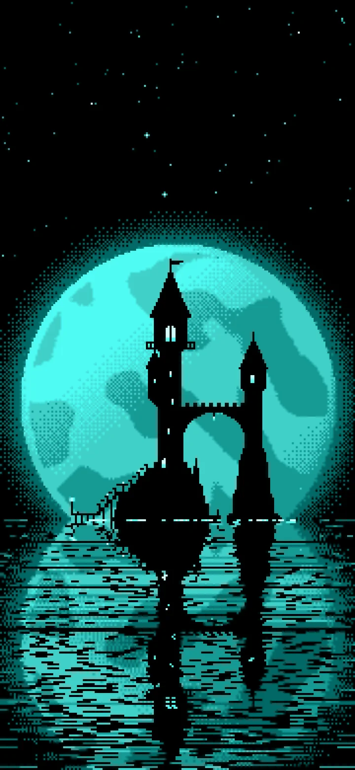 Turquoise Pixel Art Fantasy Wizard Tower and Full Moon wallpaper for iPhone and Android