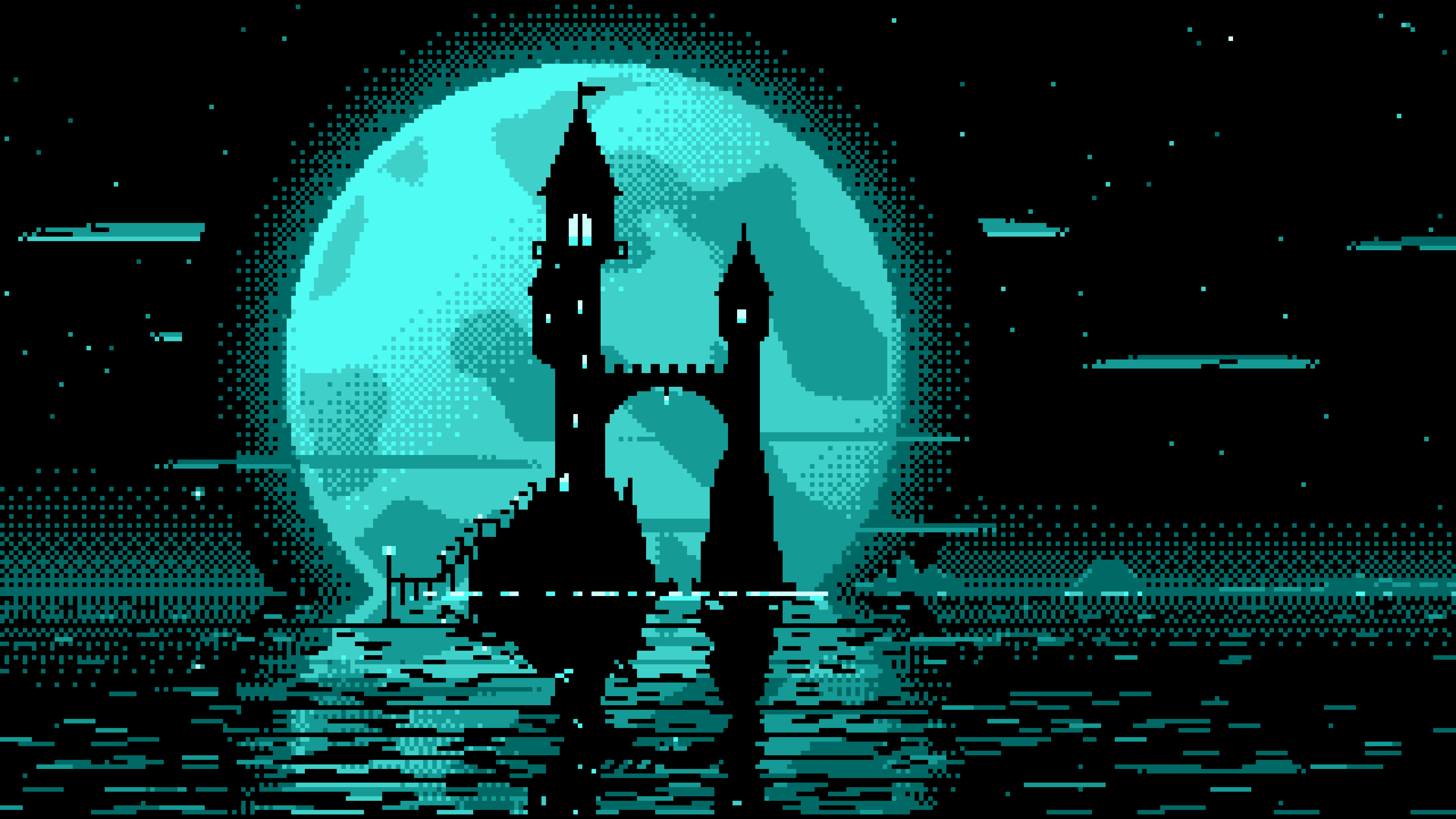 Turquoise Pixel Art Fantasy Wizard Tower and Full Moon desktop wallpaper in 4K