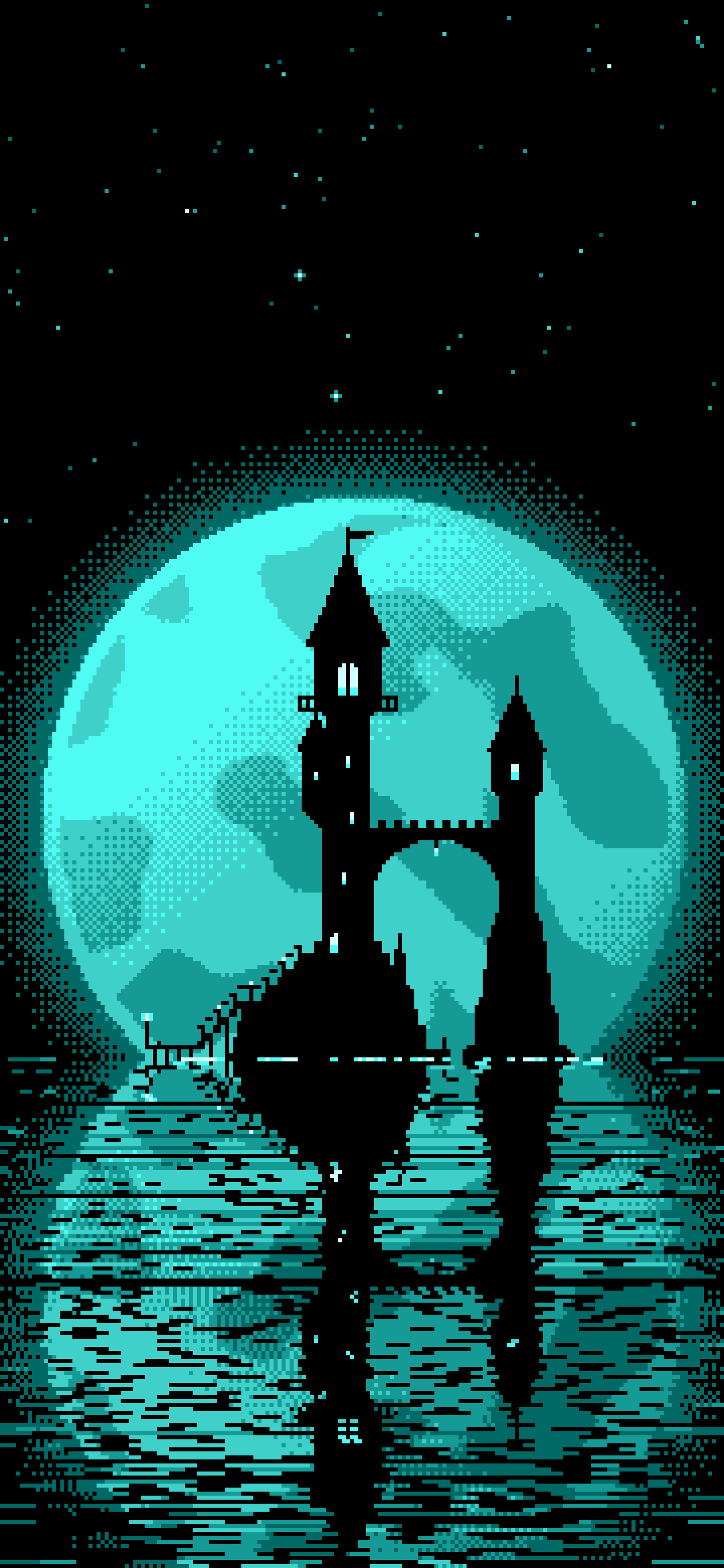 Turquoise Pixel Art Fantasy Wizard Tower and Full Moon wallpaper for iPhone and Android