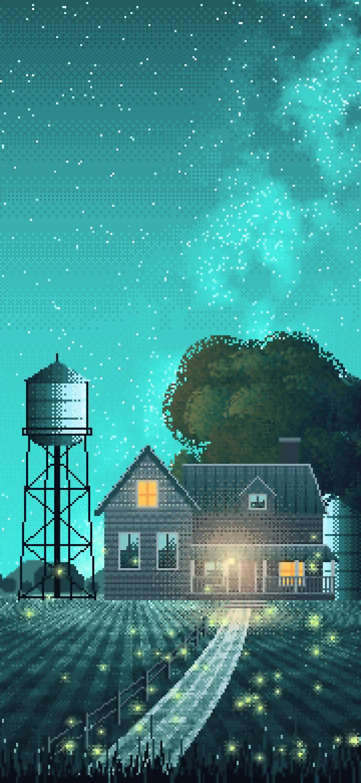 Turquoise Pixel Art Farmhouse Under the Stars wallpaper for iPhone and Android