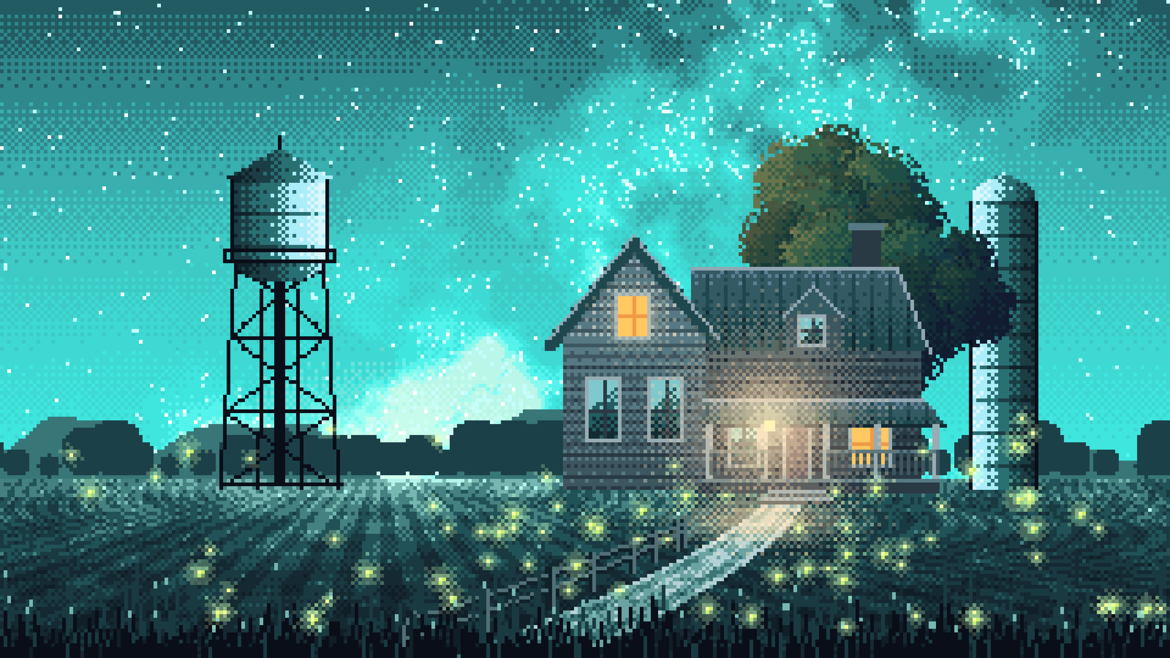 Turquoise Pixel Art Farmhouse Under the Stars desktop wallpaper in 4K