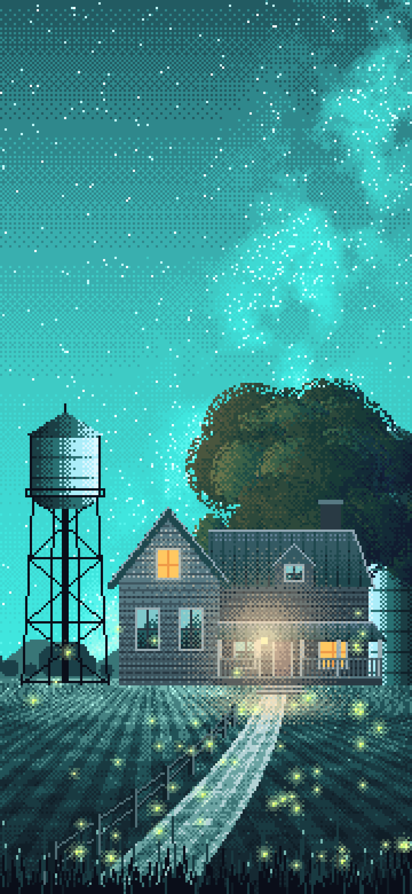 Turquoise Pixel Art Farmhouse Under the Stars wallpaper for iPhone and Android