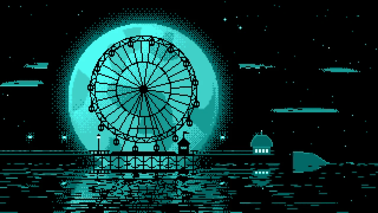 Turquoise Pixel Art Ferris Wheel and Full Moon desktop wallpaper in 4K