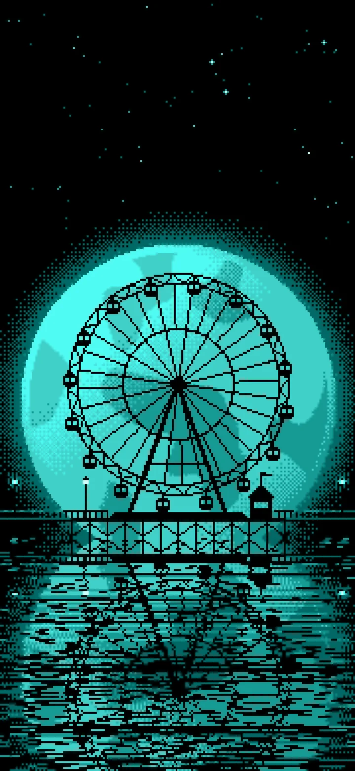 Turquoise Pixel Art Ferris Wheel and Full Moon wallpaper for iPhone and Android