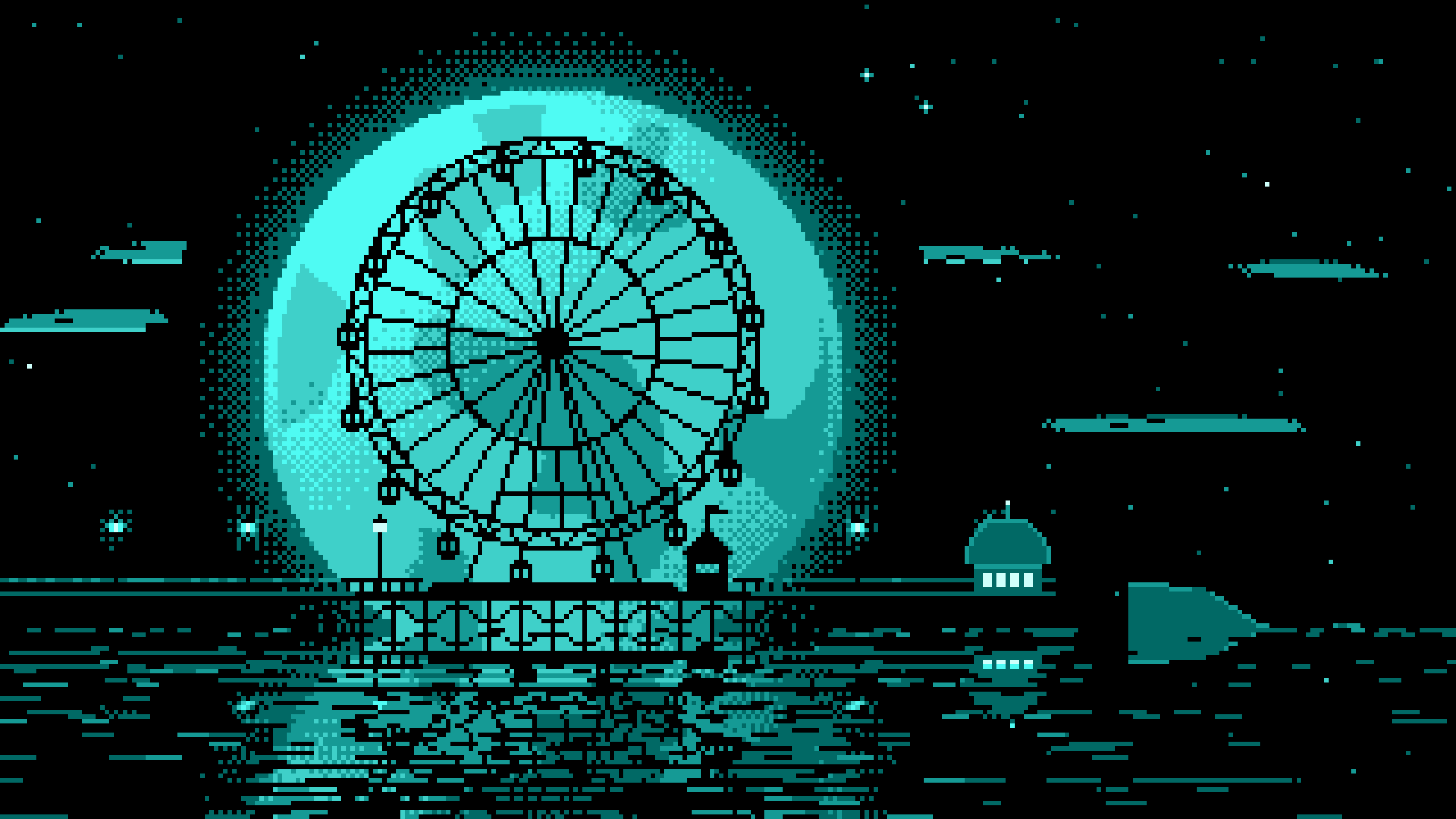 Turquoise Pixel Art Ferris Wheel and Full Moon desktop wallpaper in 4K