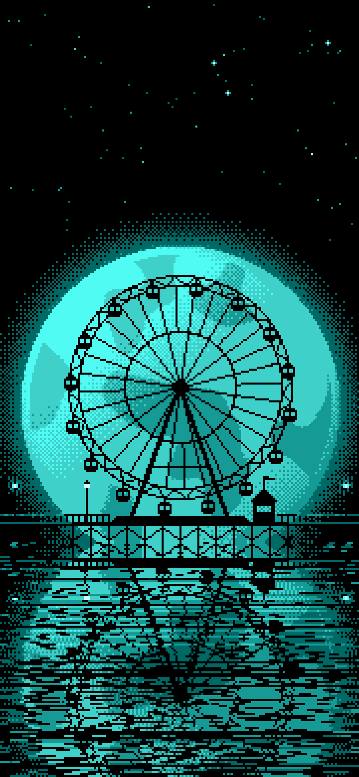 Turquoise Pixel Art Ferris Wheel and Full Moon wallpaper for iPhone and Android