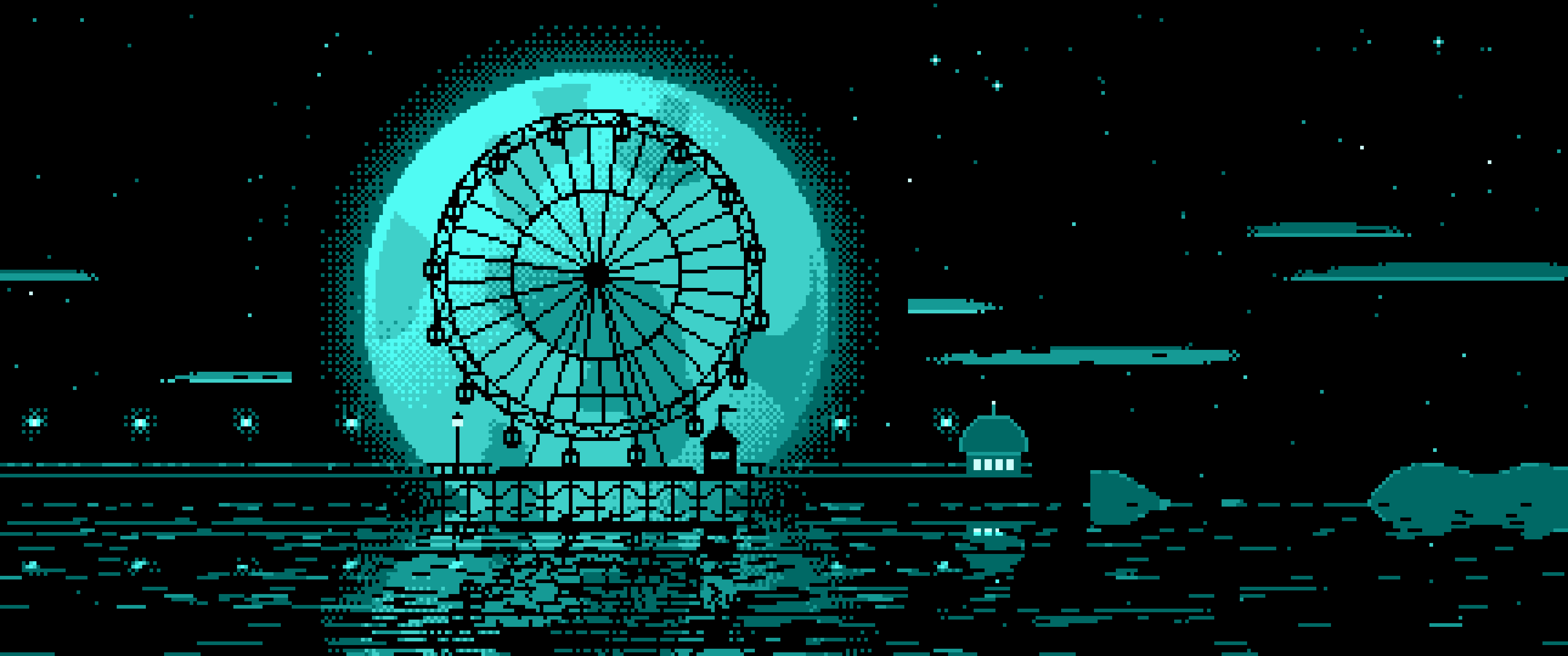 Turquoise Pixel Art Ferris Wheel and Full Moon ultrawide wallpaper, 3440 × 1440