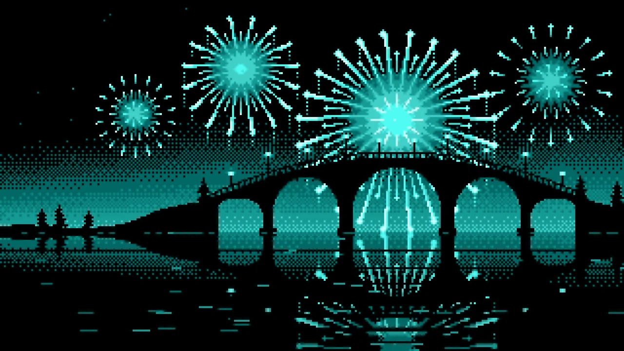 Turquoise Pixel Art Fireworks and Bridge desktop wallpaper in 4K