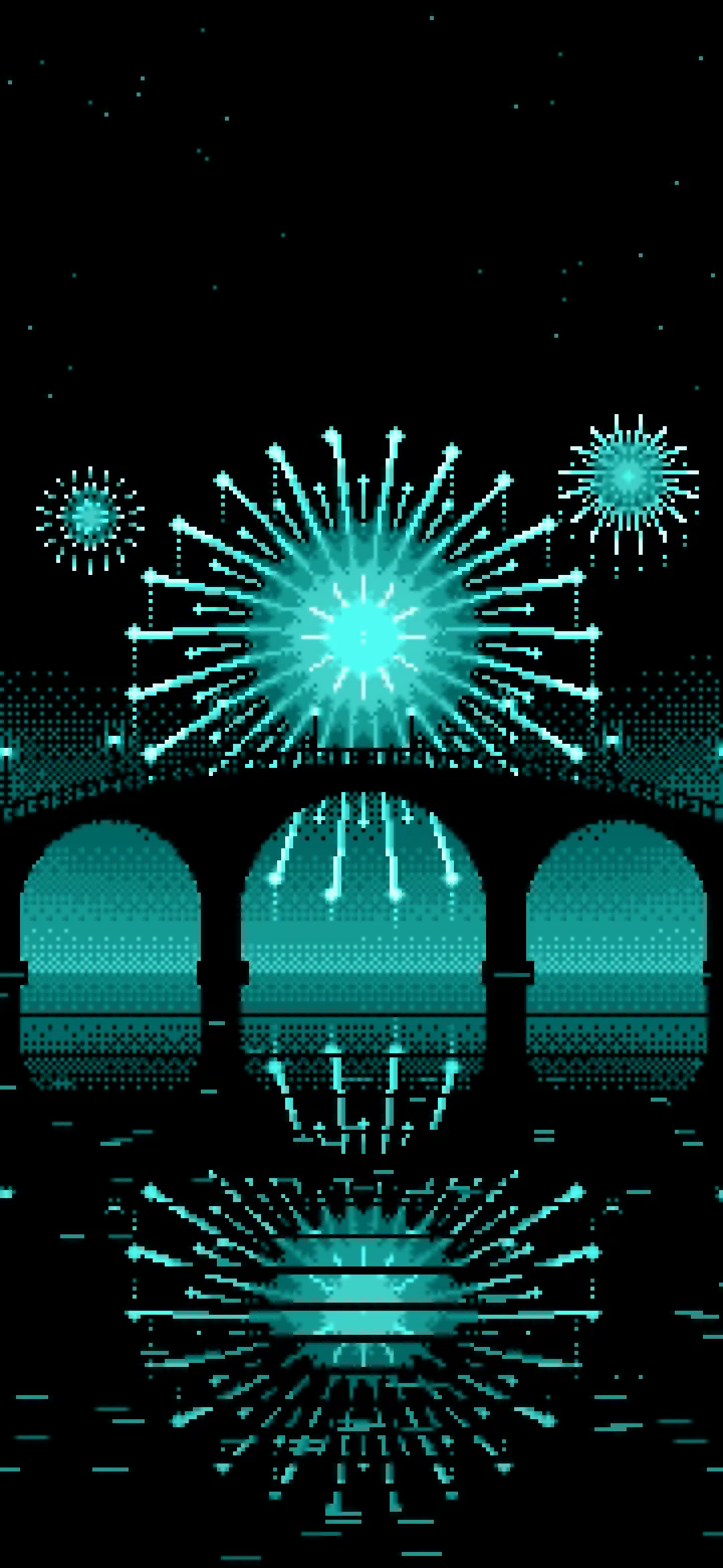 Turquoise Pixel Art Fireworks and Bridge wallpaper for iPhone and Android