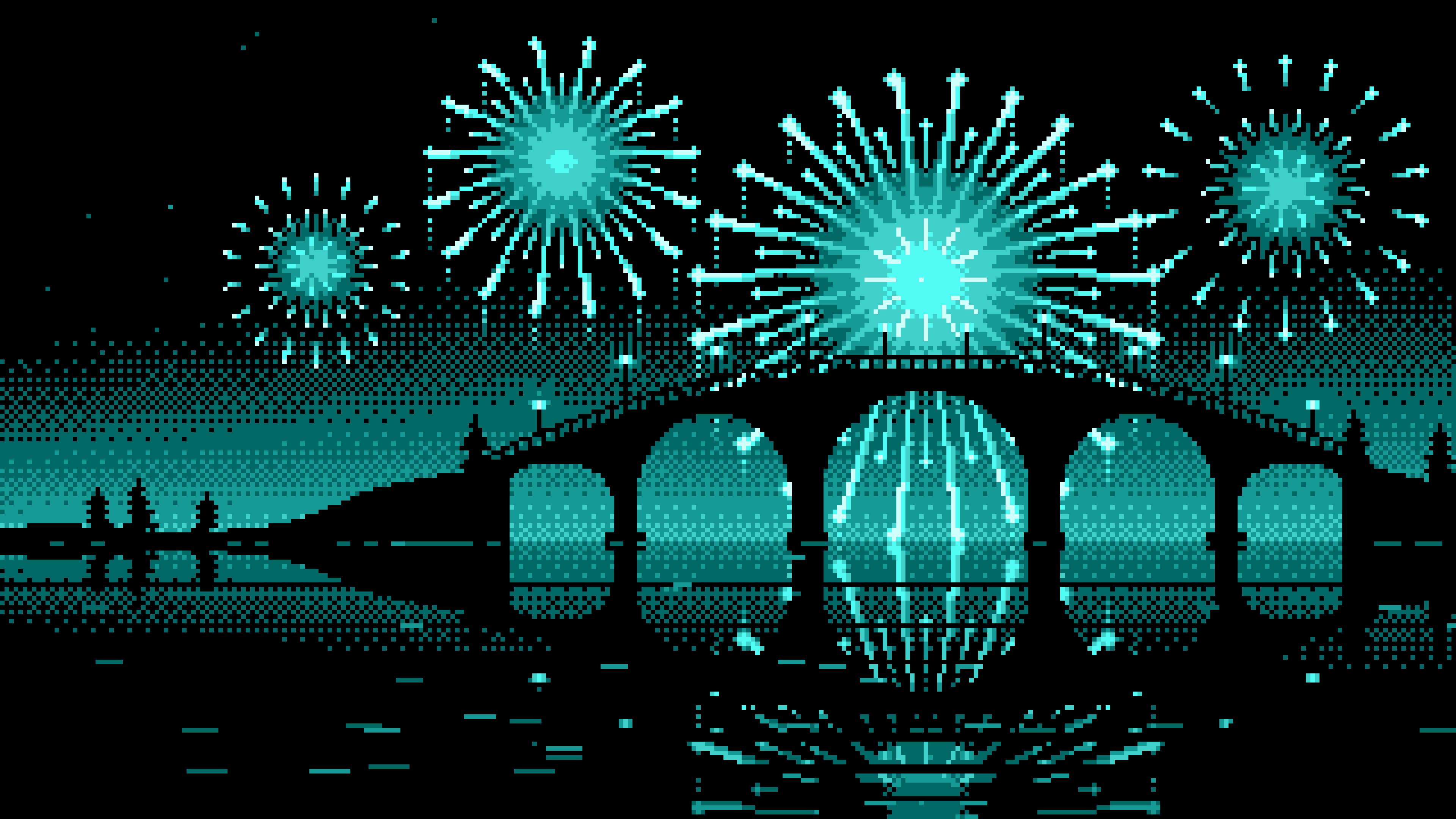 Turquoise Pixel Art Fireworks and Bridge desktop wallpaper in 4K