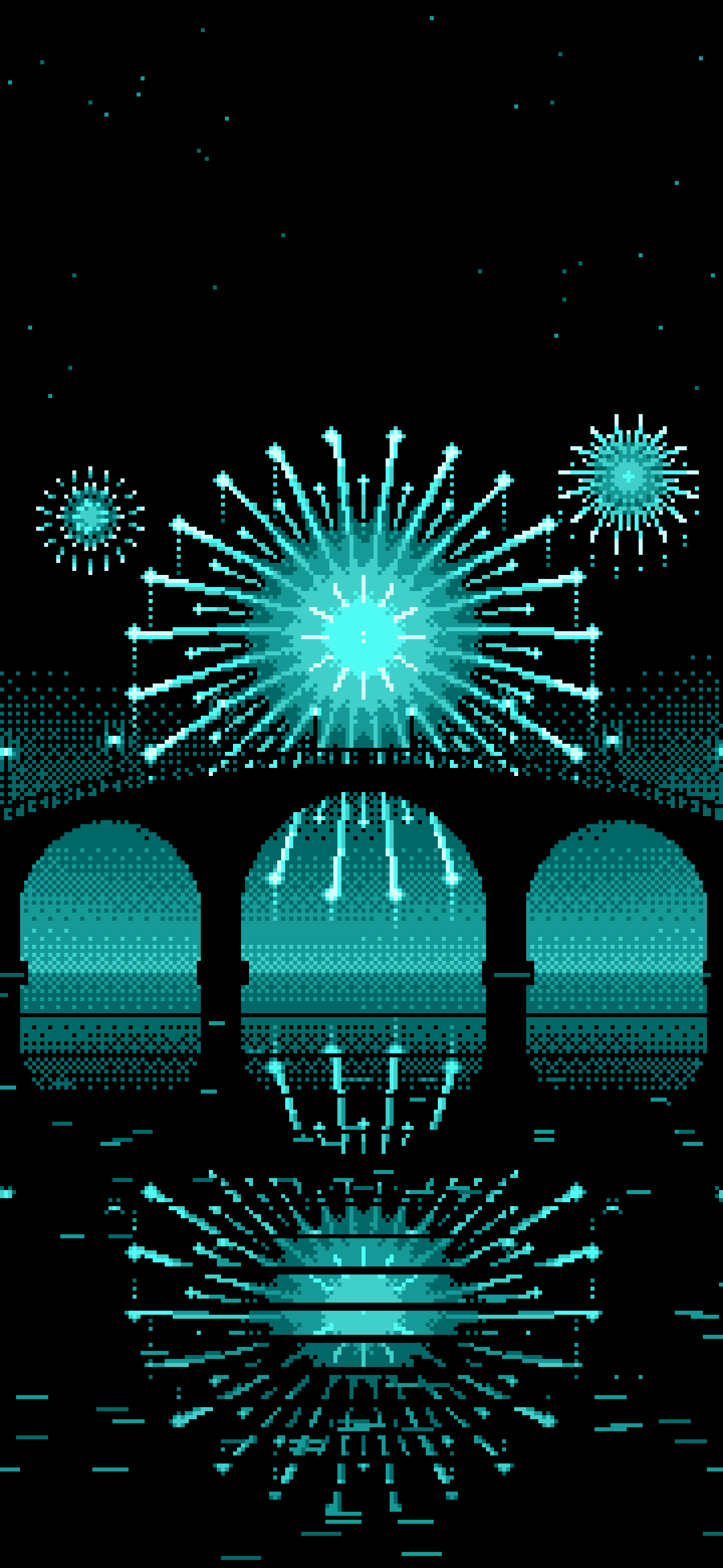Turquoise Pixel Art Fireworks and Bridge wallpaper for iPhone and Android
