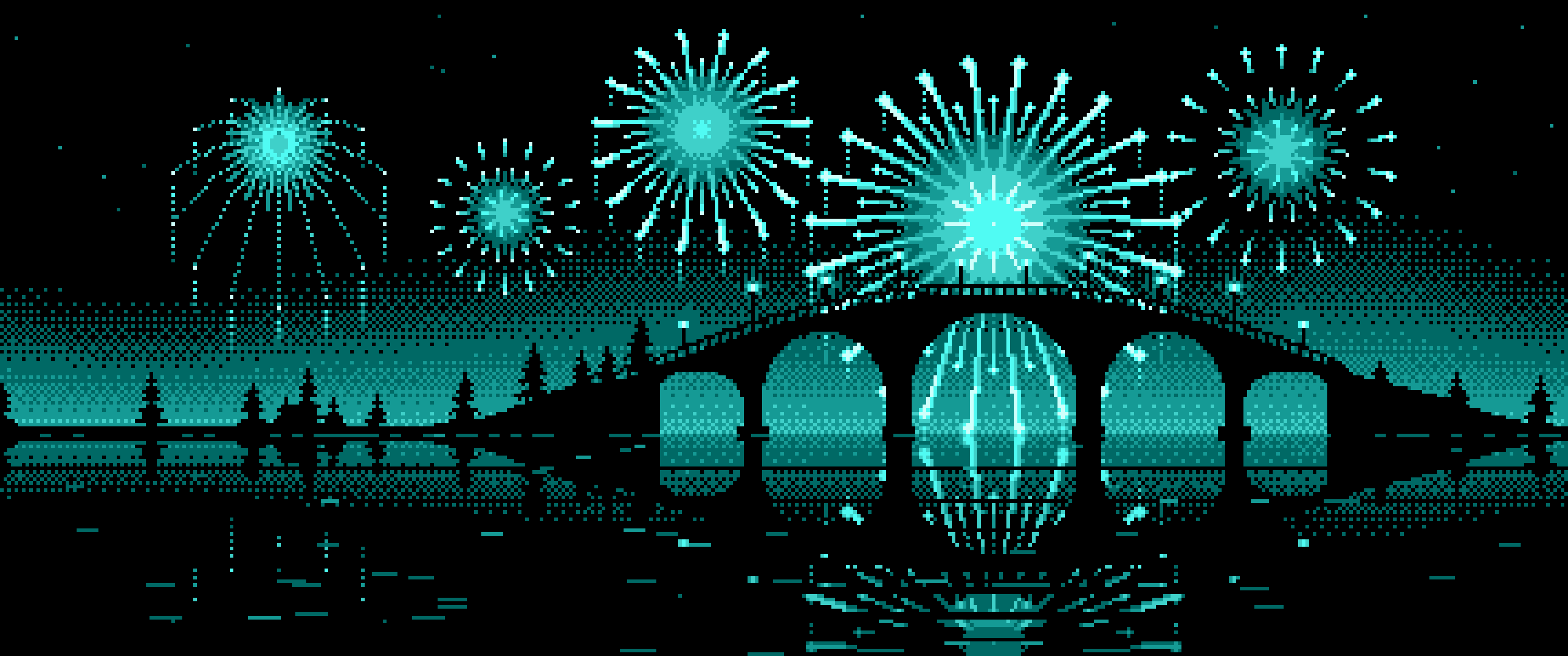 Turquoise Pixel Art Fireworks and Bridge ultrawide wallpaper, 3440 × 1440