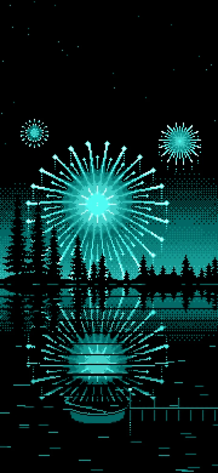 Turquoise Pixel Art Fireworks and Lake wallpaper for iPhone and Android
