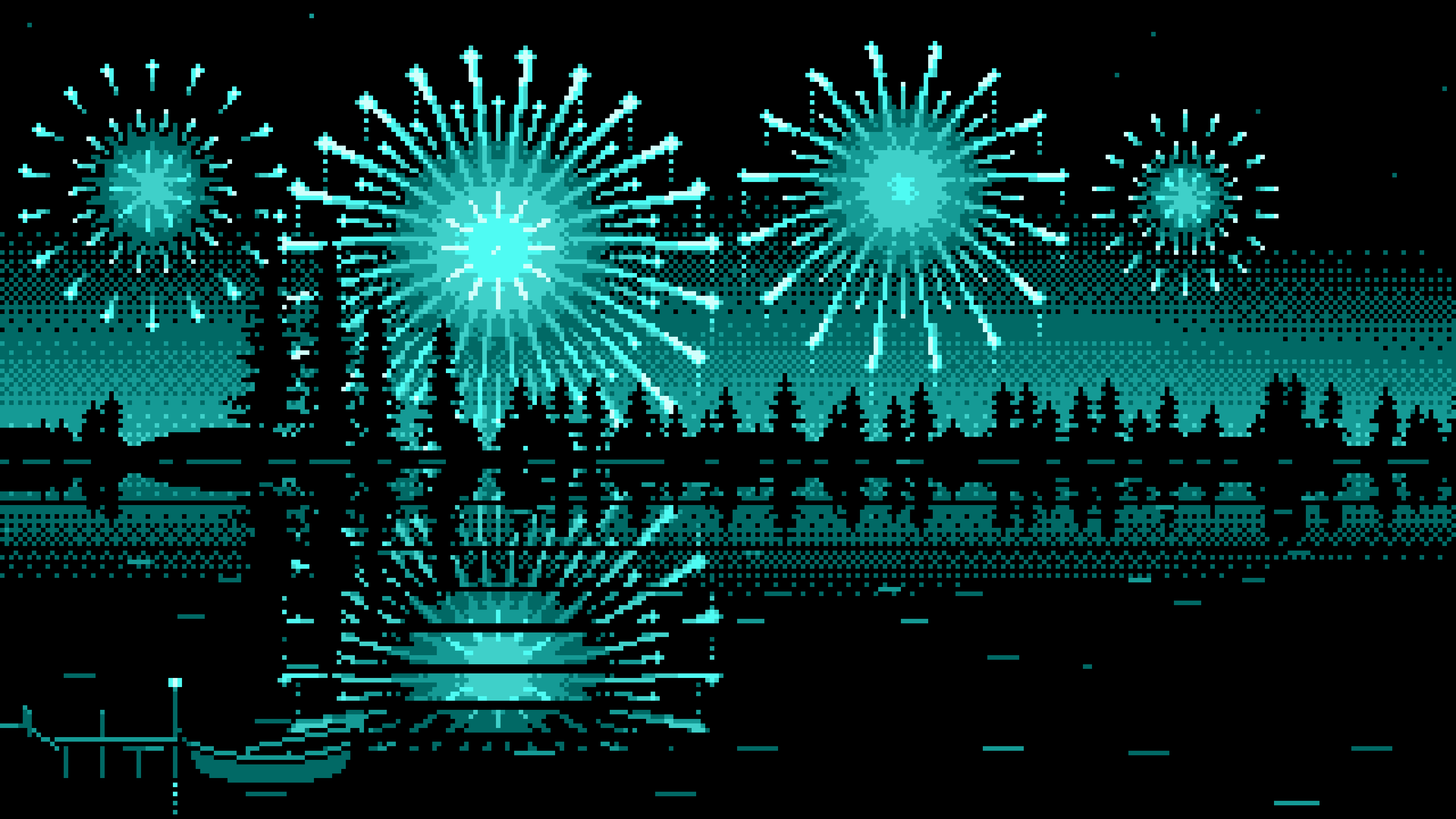 Turquoise Pixel Art Fireworks and Lake desktop wallpaper in 4K