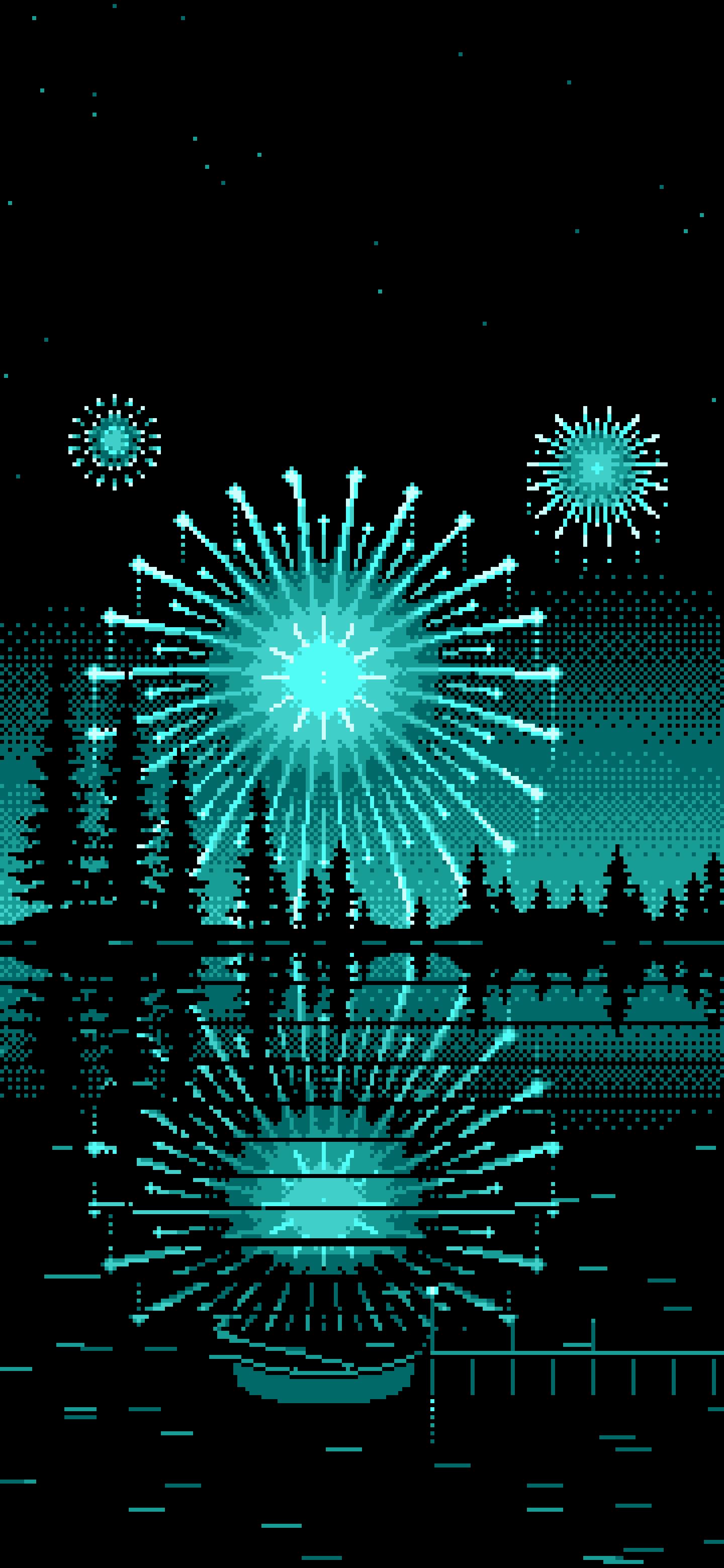 Turquoise Pixel Art Fireworks and Lake wallpaper for iPhone and Android