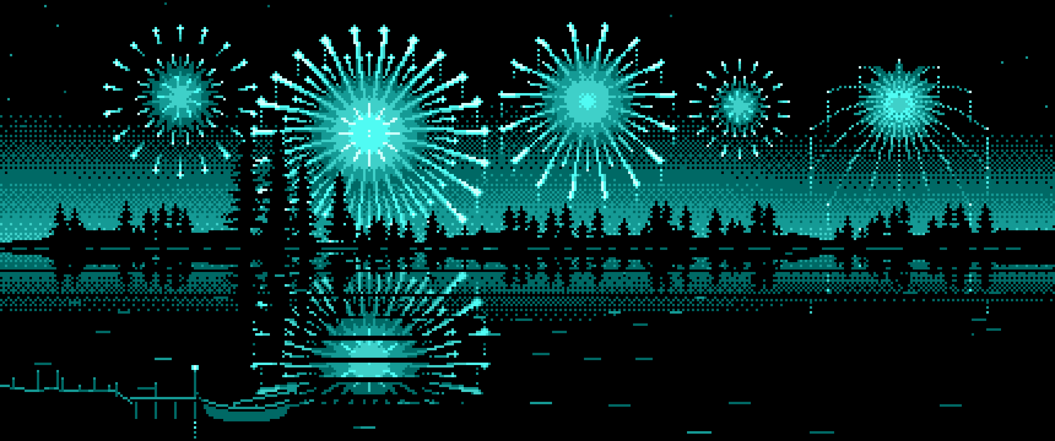 Turquoise Pixel Art Fireworks and Lake ultrawide wallpaper, 3440 × 1440
