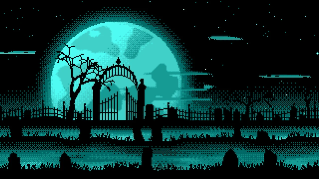Turquoise Pixel Art Graveyard and Full Moon desktop wallpaper in 4K