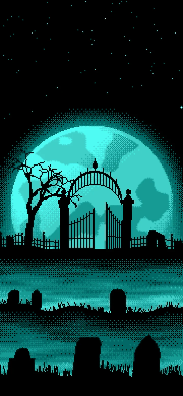 Turquoise Pixel Art Graveyard and Full Moon wallpaper for iPhone and Android