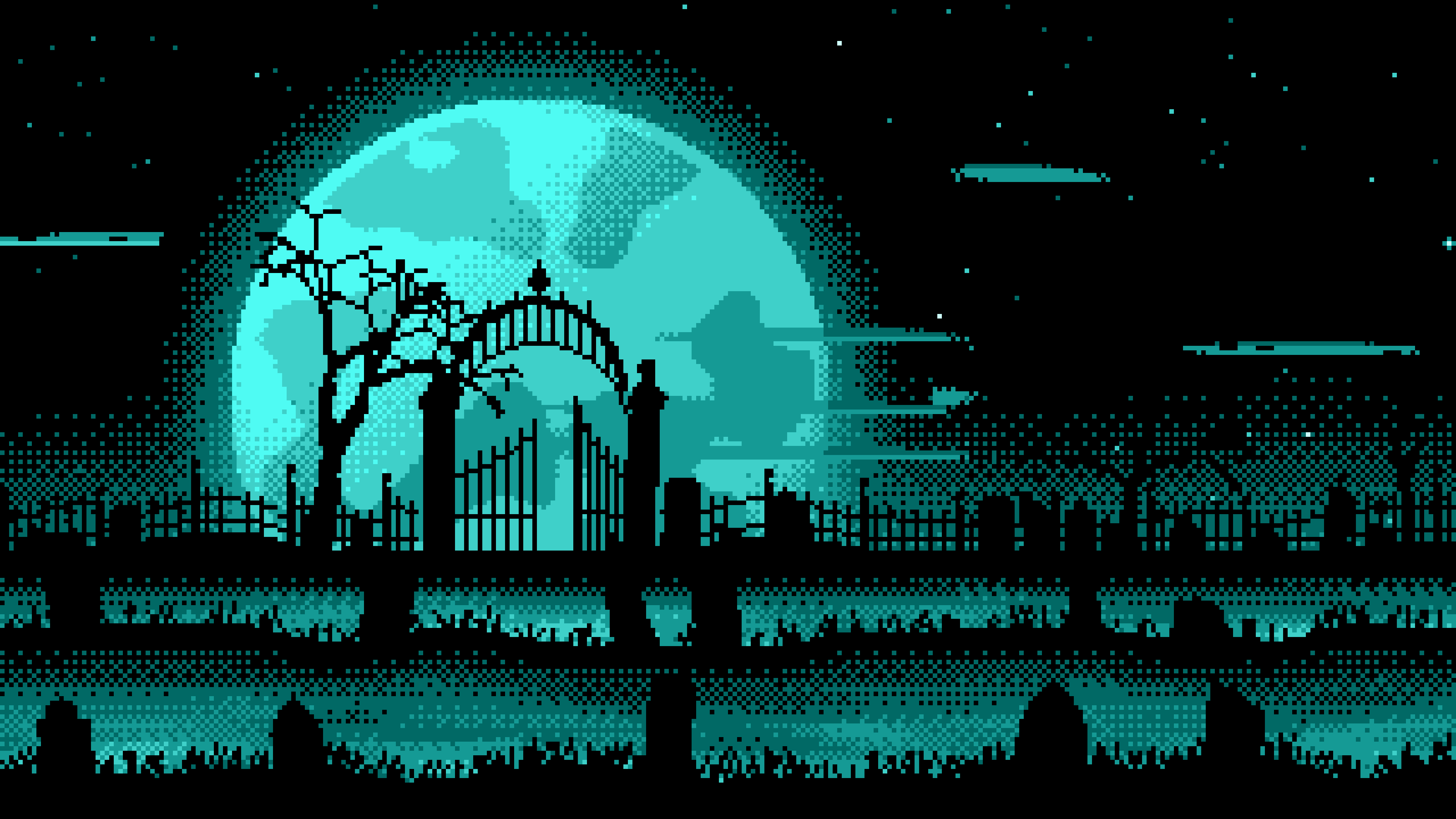 Turquoise Pixel Art Graveyard and Full Moon desktop wallpaper in 4K