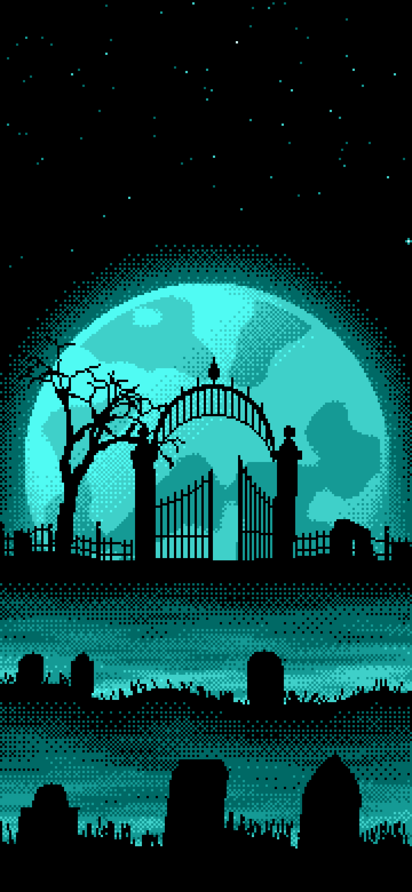 Turquoise Pixel Art Graveyard and Full Moon wallpaper for iPhone and Android