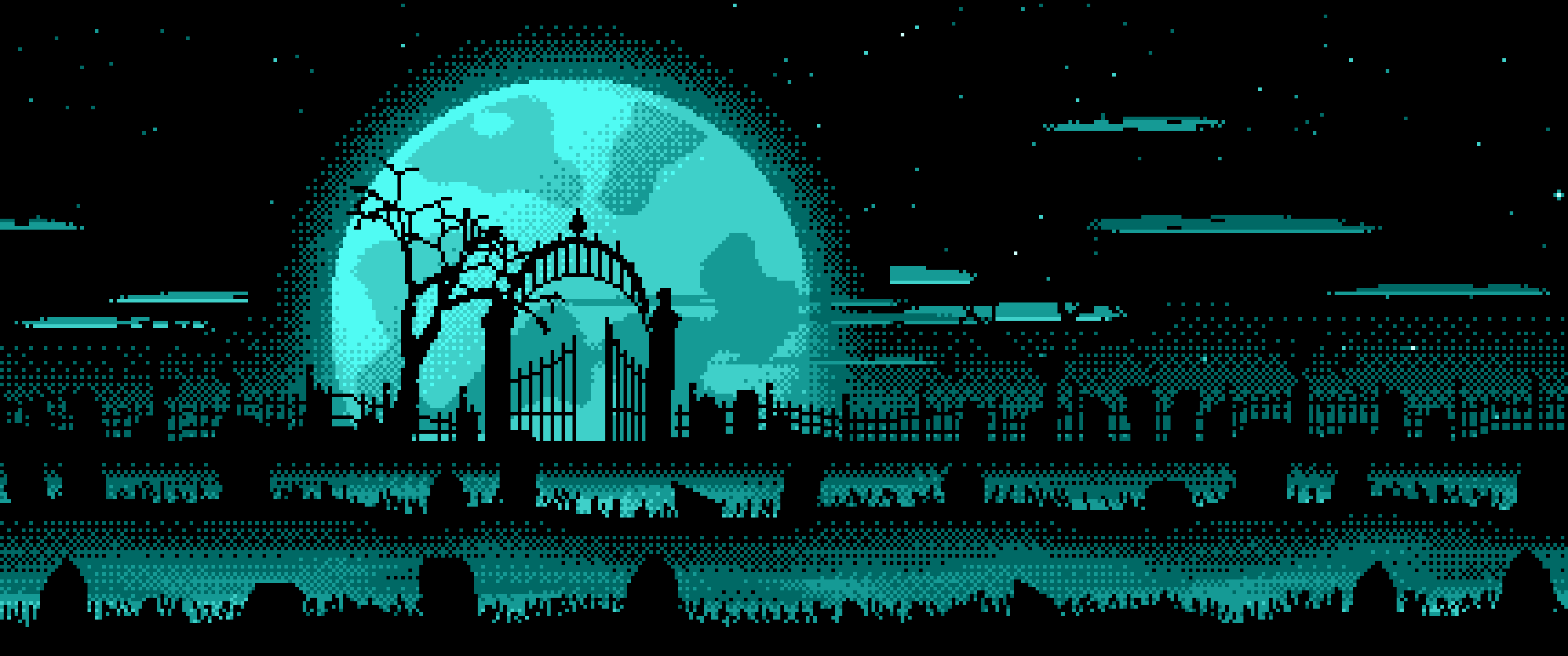 Turquoise Pixel Art Graveyard and Full Moon ultrawide wallpaper, 3440 × 1440