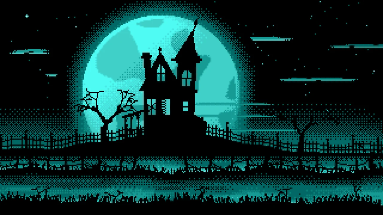 Turquoise Pixel Art Haunted House and Full Moon desktop wallpaper in 4K