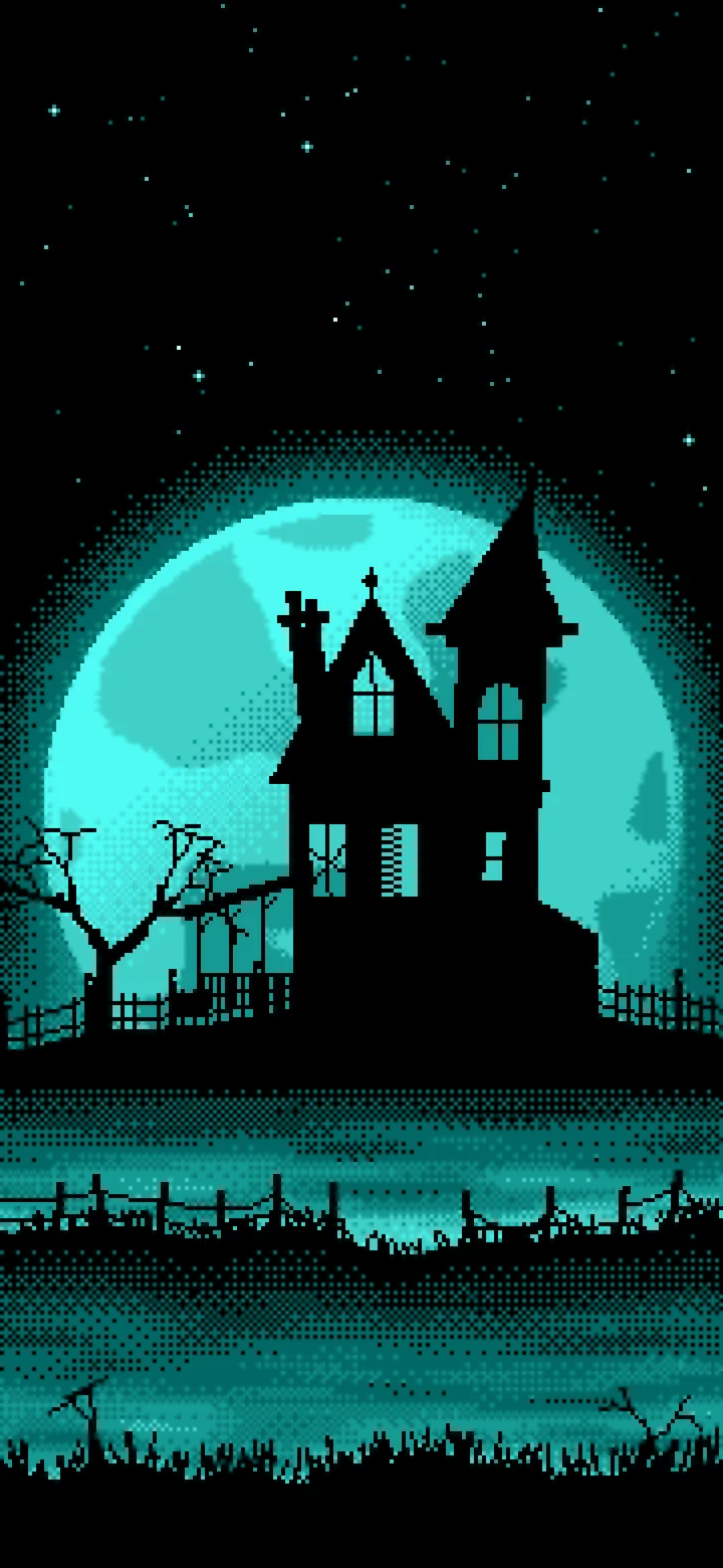 Turquoise Pixel Art Haunted House and Full Moon wallpaper for iPhone and Android