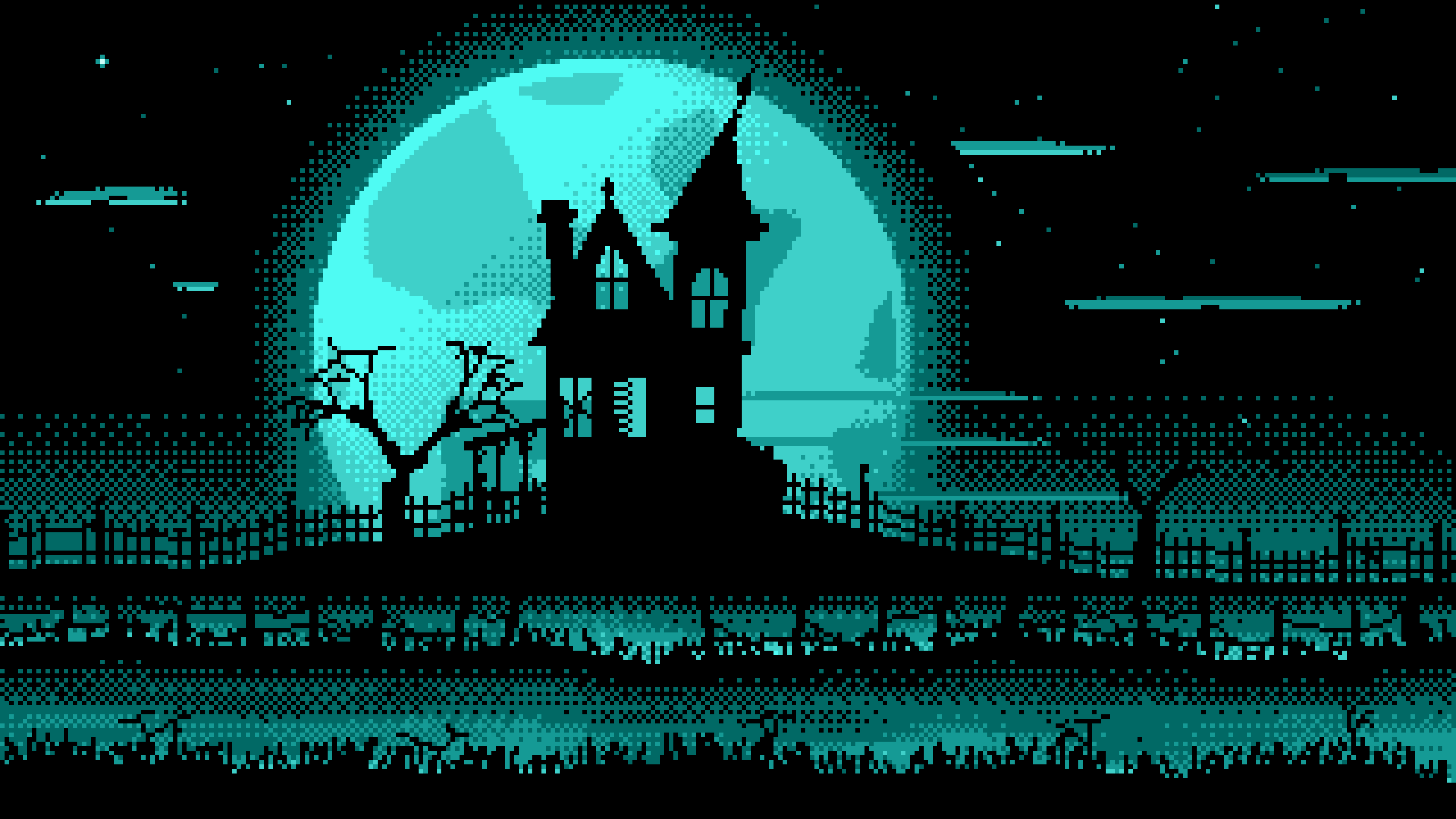 Turquoise Pixel Art Haunted House and Full Moon desktop wallpaper in 4K