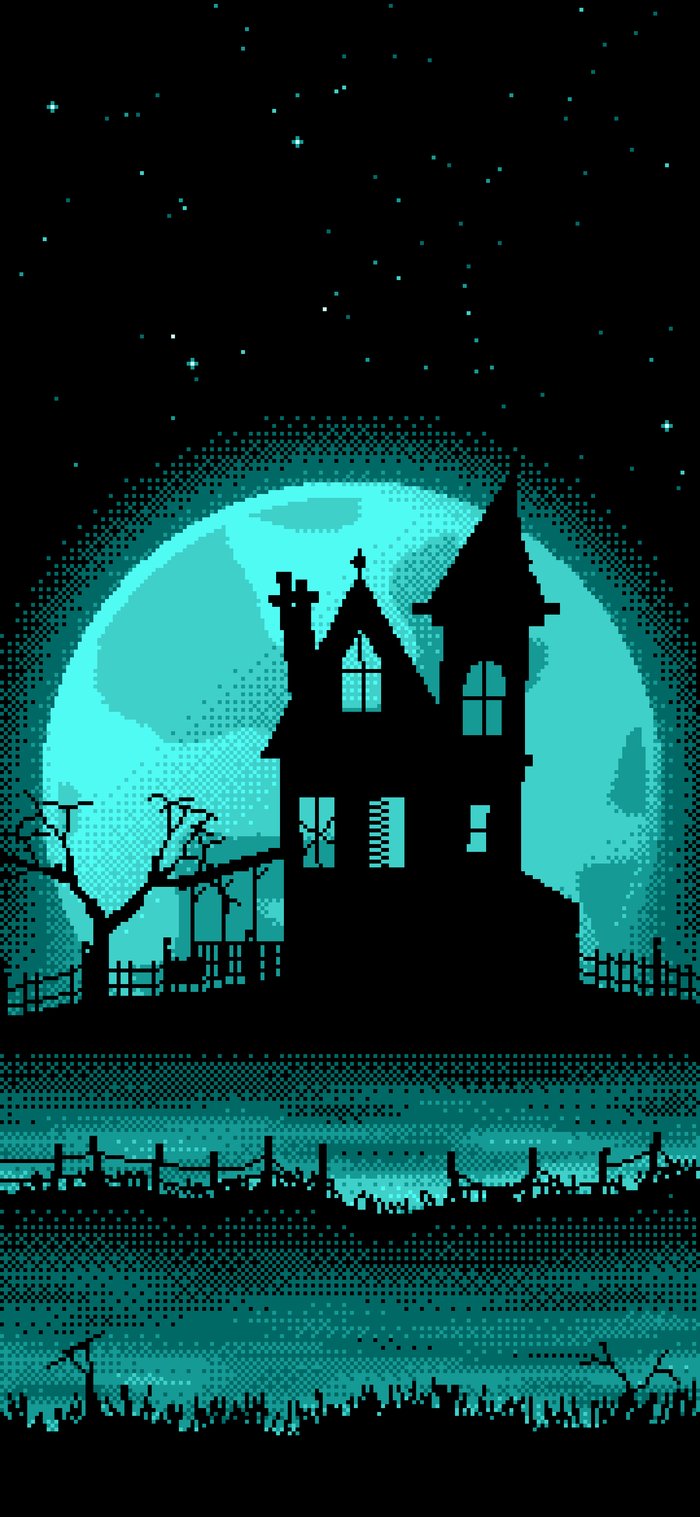 Turquoise Pixel Art Haunted House and Full Moon wallpaper for iPhone and Android