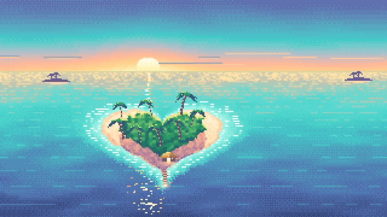 Turquoise Pixel Art Heart Island at Sunset desktop wallpaper in 4K