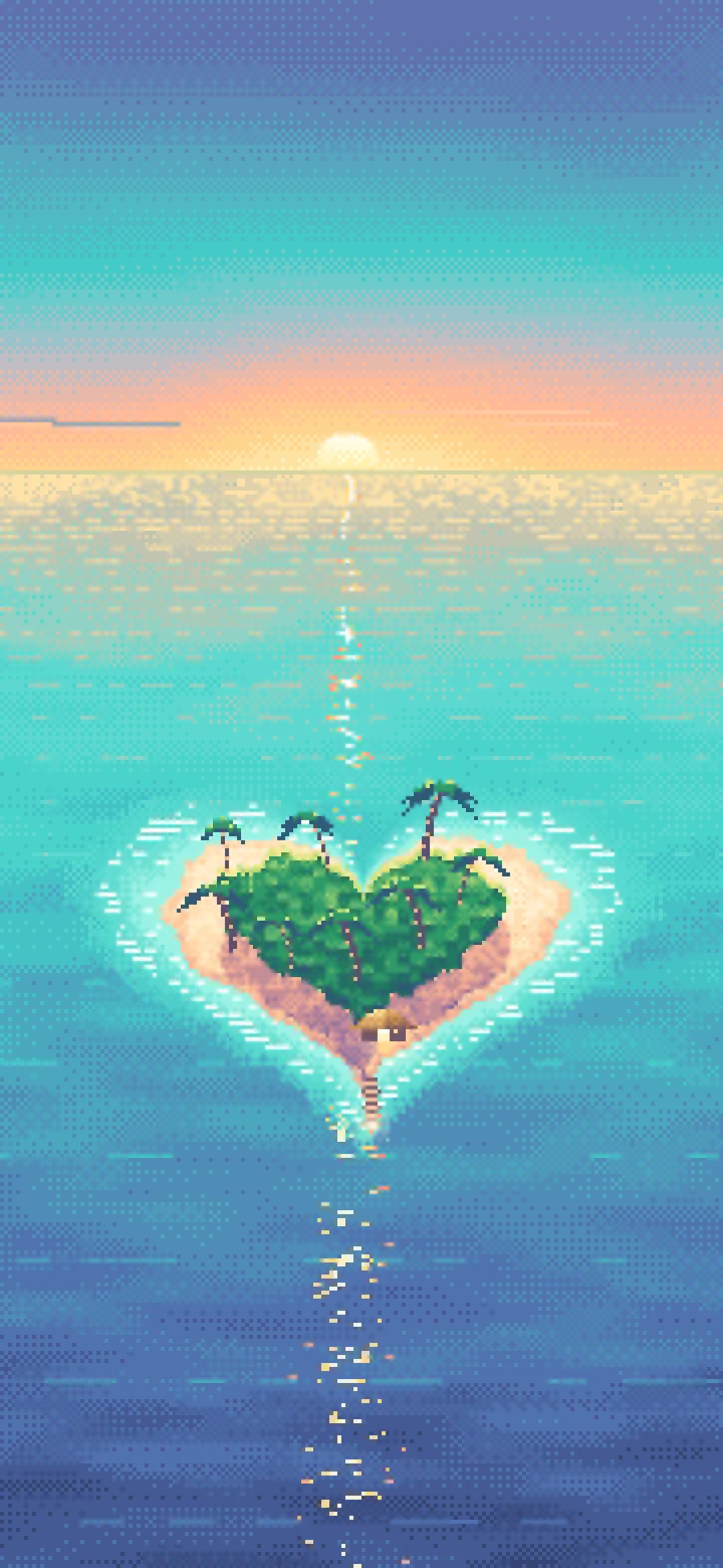Turquoise Pixel Art Heart Island at Sunset wallpaper for iPhone and Android