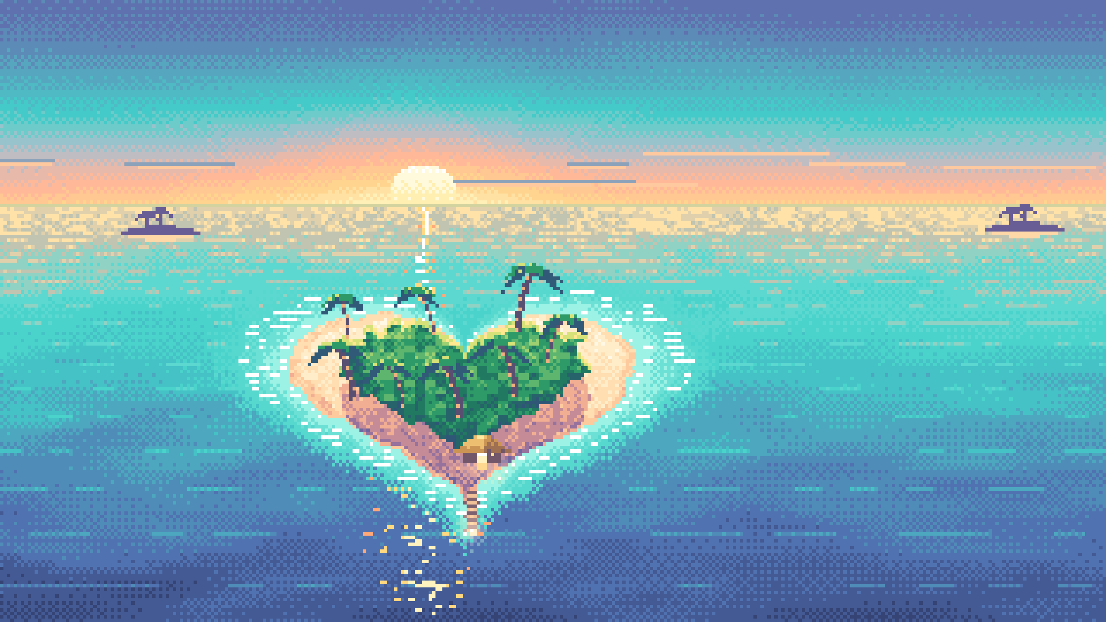 Turquoise Pixel Art Heart Island at Sunset desktop wallpaper in 4K